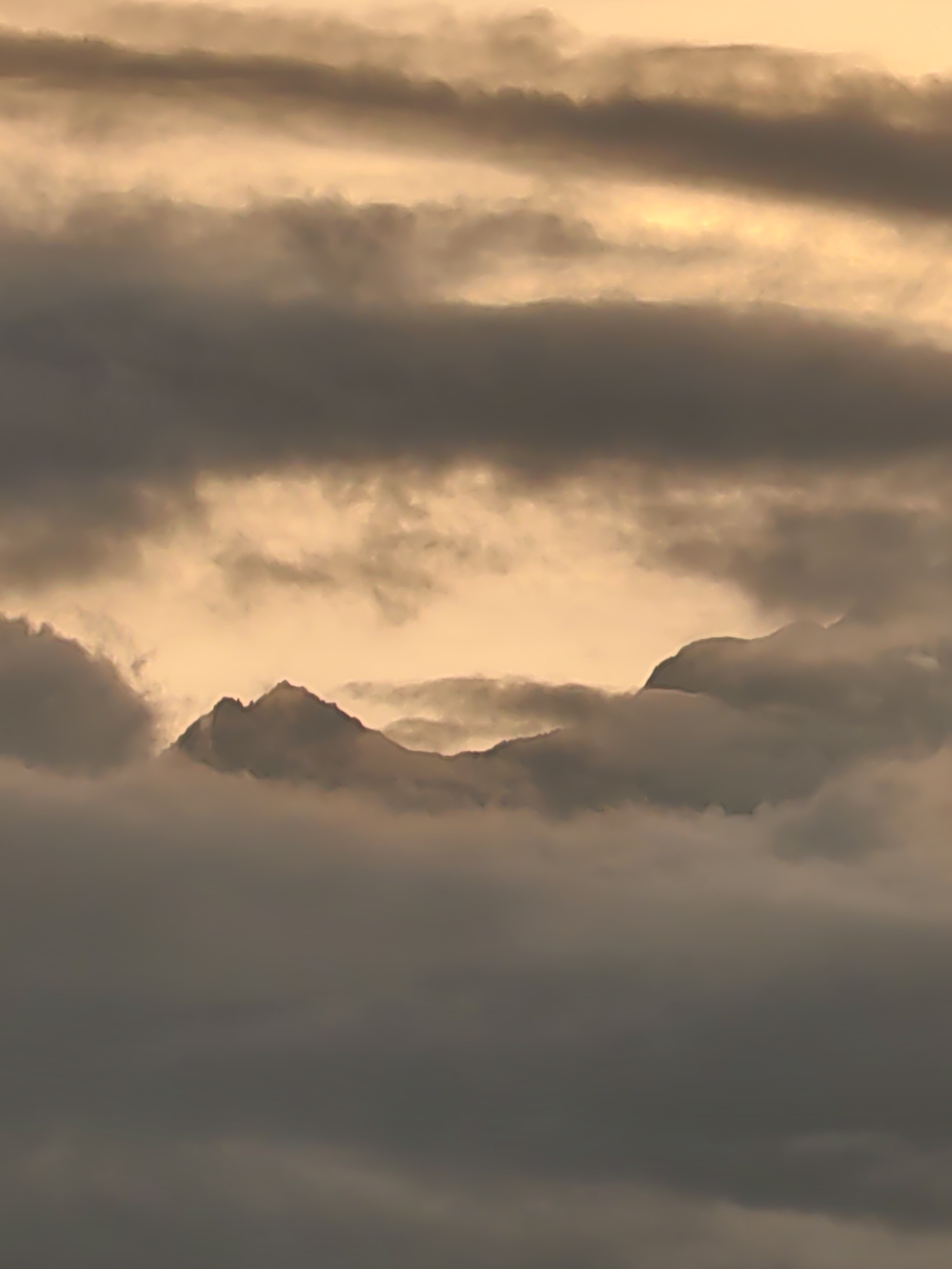 The image depicts a dramatic cloudscape with mountain peaks piercing through the fog. The sky is a blend of golden hues and dark, ominous clouds, suggesting either sunrise or sunset. The mountain peaks are silhouetted against the brighter sky, creating a stark contrast with the surrounding mist. The overall impression is one of a remote and rugged landscape, possibly an alpine region. The image does not show any elements that would indicate its location in Aleo, India.