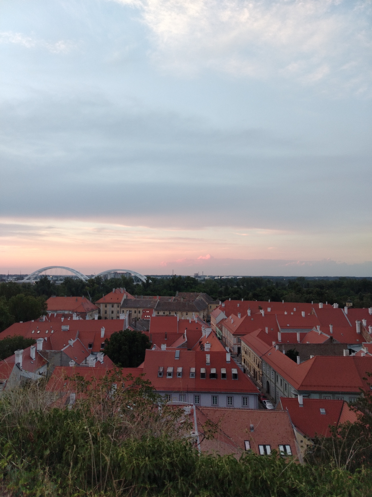 An aerial, medium shot captures the city of Petrovaradin, Serbia, bathed in the soft, diffused light of a twilight sky. The foreground is dominated by the tops of lush, green bushes and tall, dry grass, their foliage creating a natural, somewhat blurred frame for the scene below. The city itself unfolds in a tapestry of red-tiled rooftops, tightly packed together, punctuated by numerous white chimneys. Several buildings exhibit distinct architectural styles, some appearing older with muted colors, while others are brighter and more modern.
In the middle ground, a dense line of trees forms a verdant boundary, separating the cityscape from the horizon. Beyond the trees, two distinctive, modern white arch bridges span across a body of water, their elegant curves silhouetted against the pale, pastel hues of the sunset. The sky above is a canvas of soft blues and pinks, with wispy clouds suggesting the transition from day to night. The overall impression is one of tranquility and architectural beauty, viewed from a slight elevation.