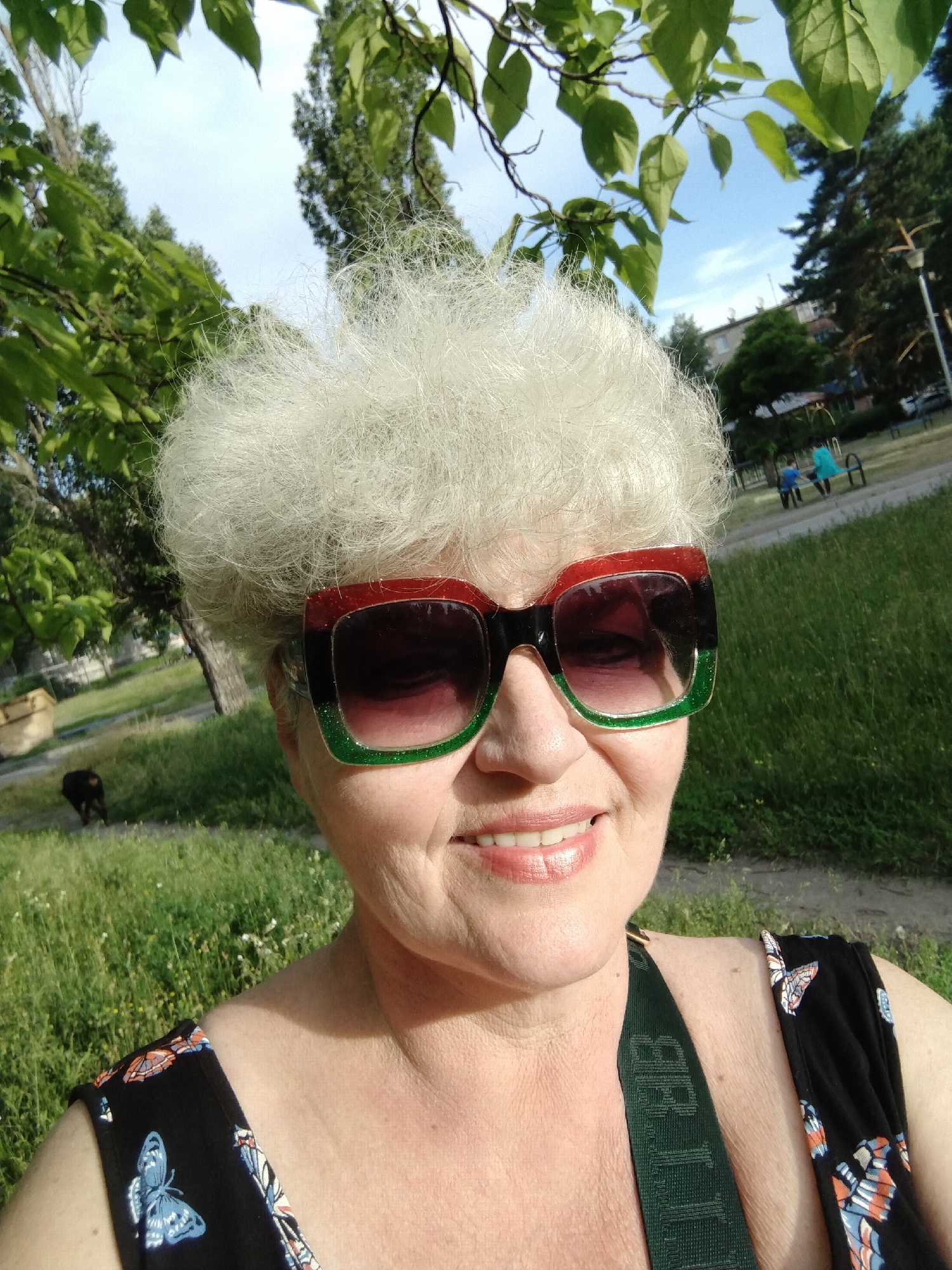 A smiling woman with voluminous, short white hair is featured in a close-up selfie taken outdoors in Horishni Plavni, Ukraine. She wears large, rectangular sunglasses with striking red, black, and green glitter-flecked frames. Her lips are adorned with light pink lipstick, and she is showing her teeth in a cheerful expression. She is wearing a black sleeveless top with a pattern of colorful butterflies in shades of blue, orange, and white. A dark green strap, likely from a bag or camera, crosses her right shoulder, with the white text "RITERI" partially visible on it.
The setting is a sunny, outdoor green space, likely a park. The sky is bright and blue with some white clouds. In the background, lush green trees are prominent, with their leaves framing the top of the image. To the woman's left, a dark-colored dog is visible walking in the grass, and a light-colored rectangular object (possibly a waste bin or container) is partially obscured by trees. To her right, a children's playground can be seen with two figures, possibly children, on equipment. Further in the distance, residential buildings are visible beneath the treeline. The scene suggests a pleasant, bright day.