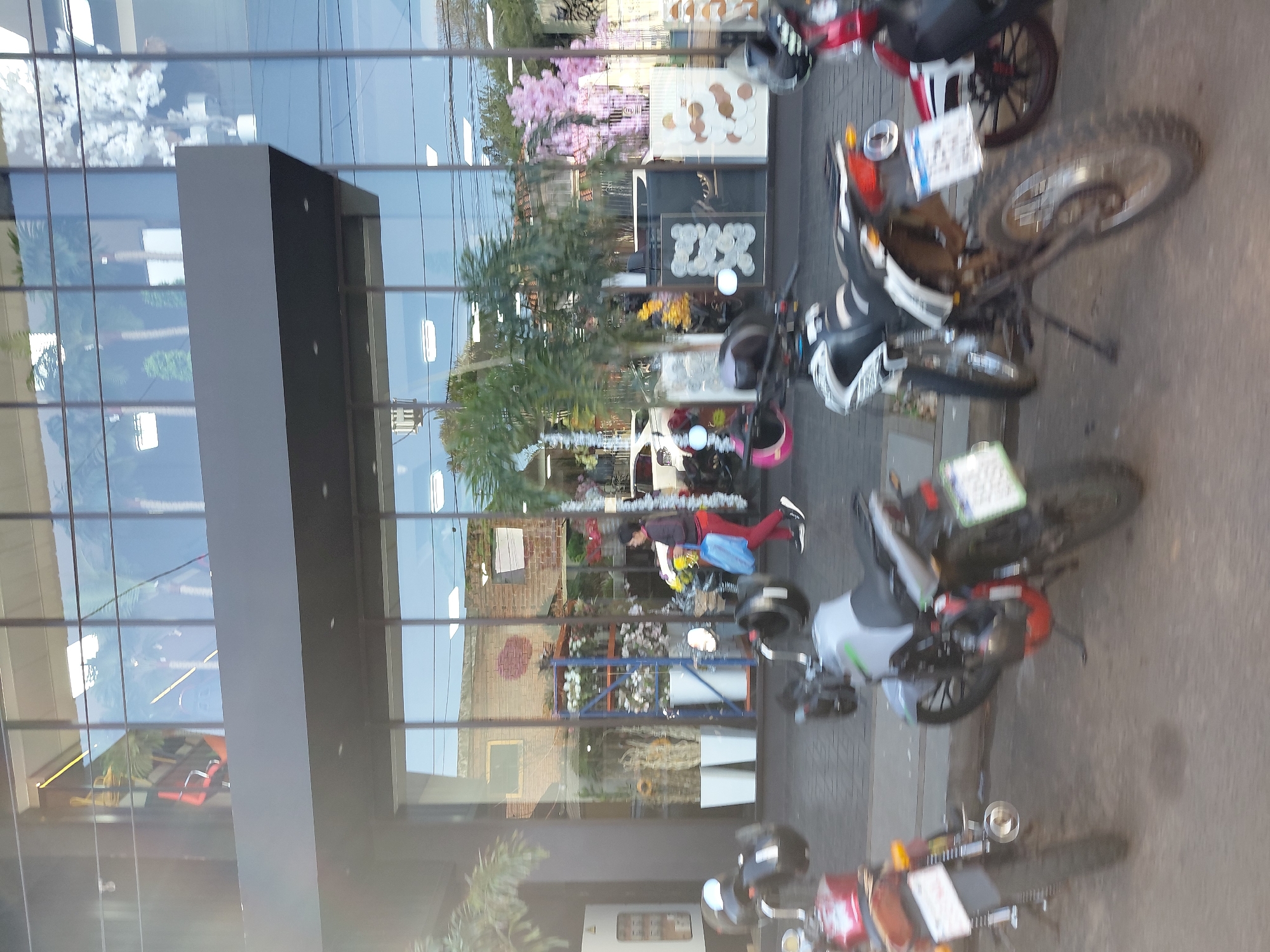 The image depicts the exterior of a modern building with large glass windows. Several motorcycles are parked on the sidewalk in front of the building. Inside the building, visible through the glass, are displays of flowers and plants, suggesting it may be a florist or a home decor store. A woman in red pants and a dark jacket is walking on the sidewalk, carrying a blue plastic bag. Reflections of trees, sky, and other buildings are visible in the glass windows. The scene appears to be on a street in Encarnación, Paraguay.