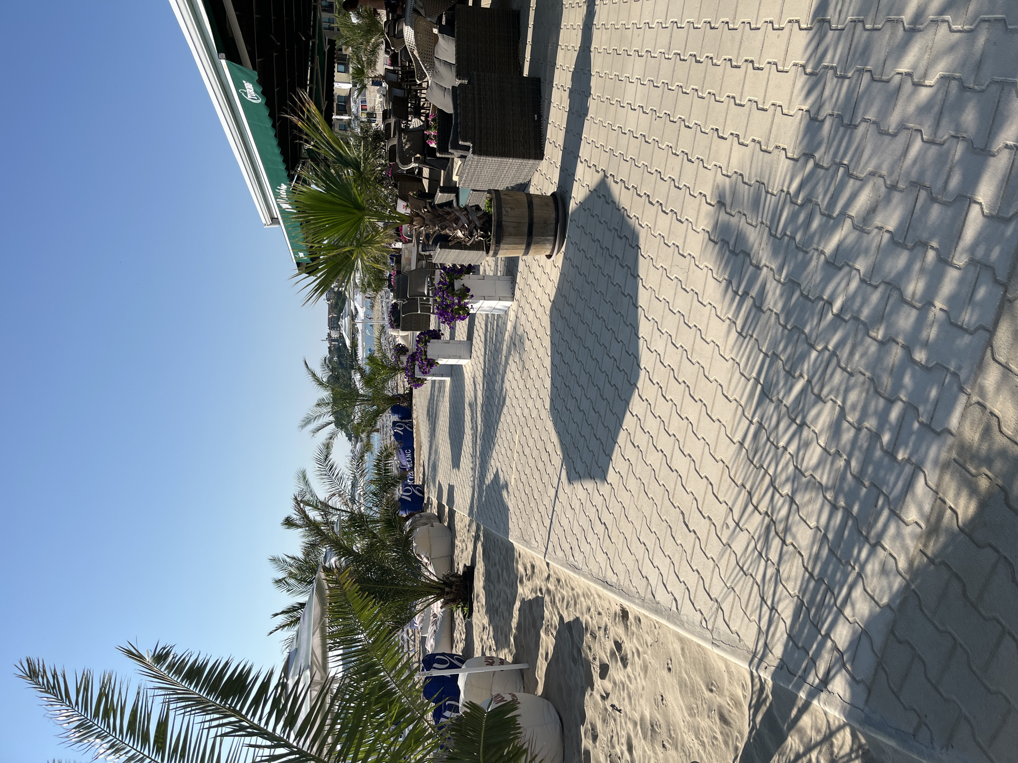 The image depicts a beachfront cafe in Nesebar, Bulgaria, on a clear, sunny day. In the foreground, a pathway of interlocking beige pavers runs alongside a sandy beach. Palm trees cast dappled shadows across the pavers, creating a striking pattern.
To the left, the sandy beach is visible with several large, white beanbag chairs scattered across it, some bearing blue and white lettering that reads "BLANC". Further back, more palm trees and white beach umbrellas can be seen.
On the right side of the image, the outdoor seating area of the cafe is laid out. Wicker armchairs and tables are arranged under a green awning. Potted plants, including purple flowers in white rectangular planters and a palm in a wooden barrel, are strategically placed around the seating area. The blue sea and distant buildings can be seen beyond the cafe. The overall scene conveys a relaxed, tropical atmosphere.