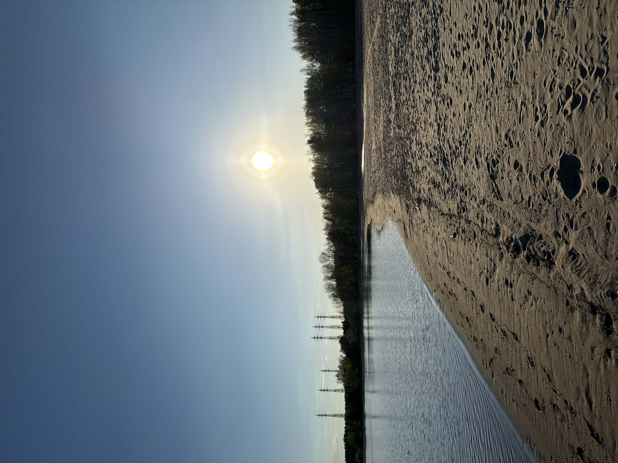 The image shows a beach in Noviy, Russia, next to a body of water, likely a lake or river, with power lines visible in the distance. The sun is high in the sky, creating a glare on the water. The beach is sandy and appears to be partially wet. There are footprints visible in the sand. A line of trees is located behind the beach. The sky is clear and blue.