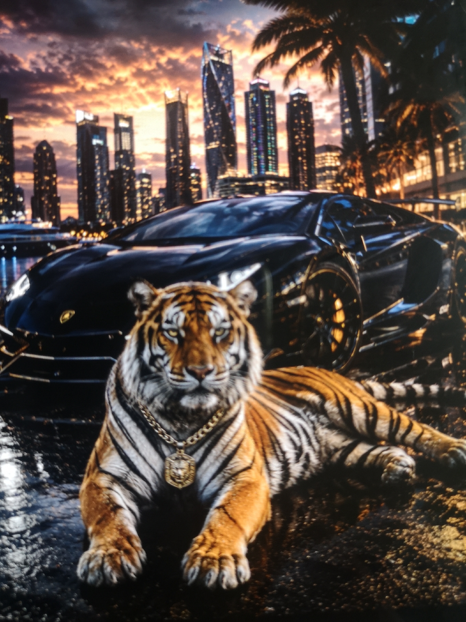 The image shows a tiger wearing a gold chain lying in front of a black Lamborghini. In the background is a cityscape at sunset with palm trees. The city is likely Dubai, United Arab Emirates due to the architecture of the buildings. The ground appears wet.