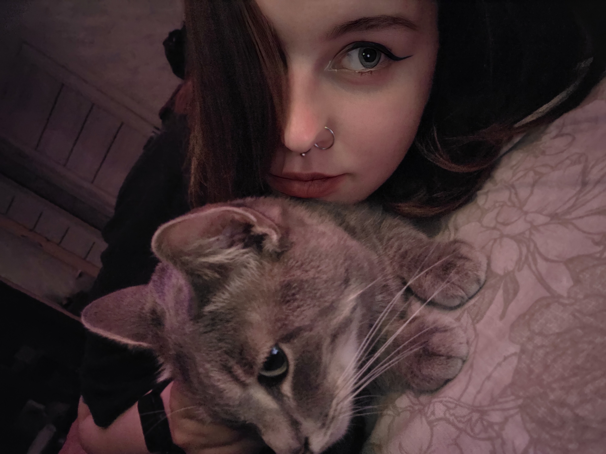A person's face and a cat are captured in a close-up, angled shot. The person has dark hair, visible in the upper right quadrant of the image, and is wearing makeup, including winged eyeliner and a nose ring. Their left eye is wide open, looking towards the camera. The cat, a tabby with grey fur, is positioned in the left half of the image, with its head resting near the person's face. Its eyes are partially closed, and its whiskers are prominent. Both the person and the cat appear to be lying down on a pink, patterned surface, possibly a bed or a blanket. The background is dark and out of focus, with hints of wooden planks visible, suggesting an indoor setting.