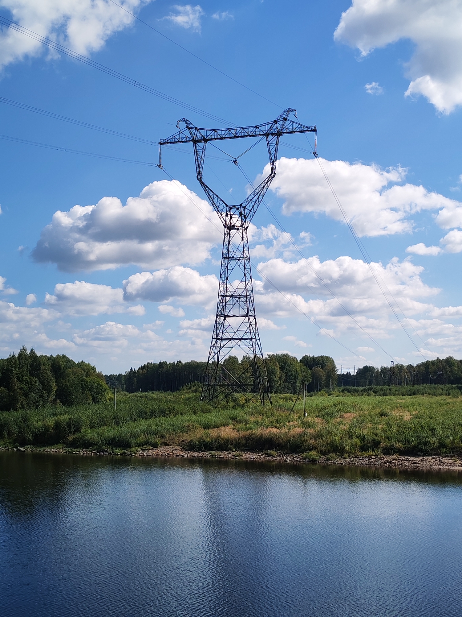 A towering electrical pylon stands against a bright blue sky dotted with fluffy white clouds. The pylon is constructed from dark metal lattice and supports multiple high-voltage power lines that stretch across the frame. Below the pylon, a band of lush green vegetation, including trees and tall grasses, extends horizontally across the landscape. In the foreground, a dark body of water reflects the sky and the pylon's shadow, creating rippling patterns on its surface. The scene appears to be in an open, rural or semi-rural area, likely on the outskirts of Gari, Russia, given the typical infrastructure found in such locations. There are no people visible in the image.