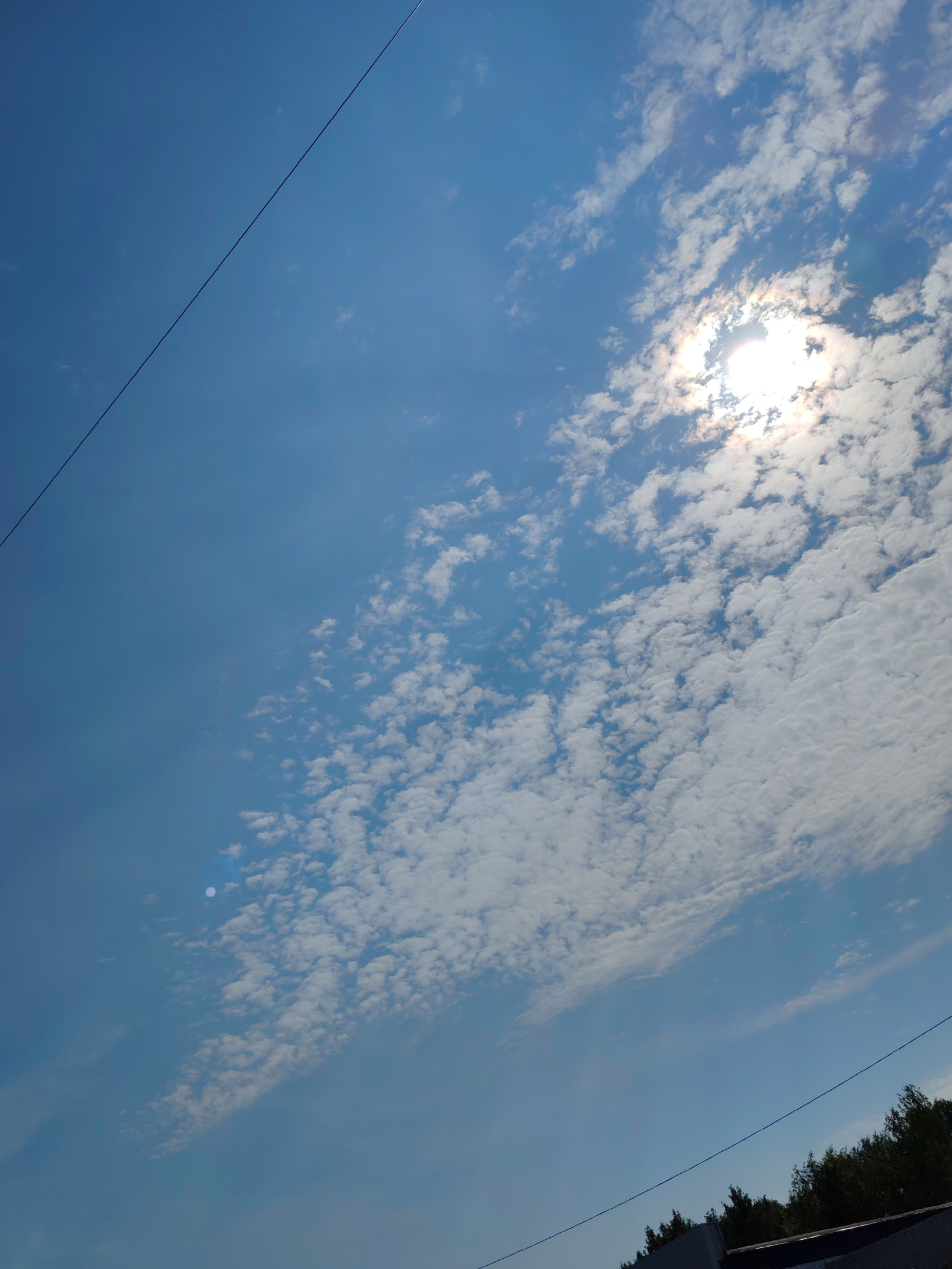 The image captures a bright, clear sky over the city of Syktyvkar, Russia. The sun is partially obscured by scattered white clouds, creating a halo effect and casting faint rays. A thin black wire stretches diagonally across the upper left portion of the frame. In the lower right corner, the dark green tops of trees are visible, along with the edge of a building and another dark wire. The overall impression is of a sunny day with a few clouds.