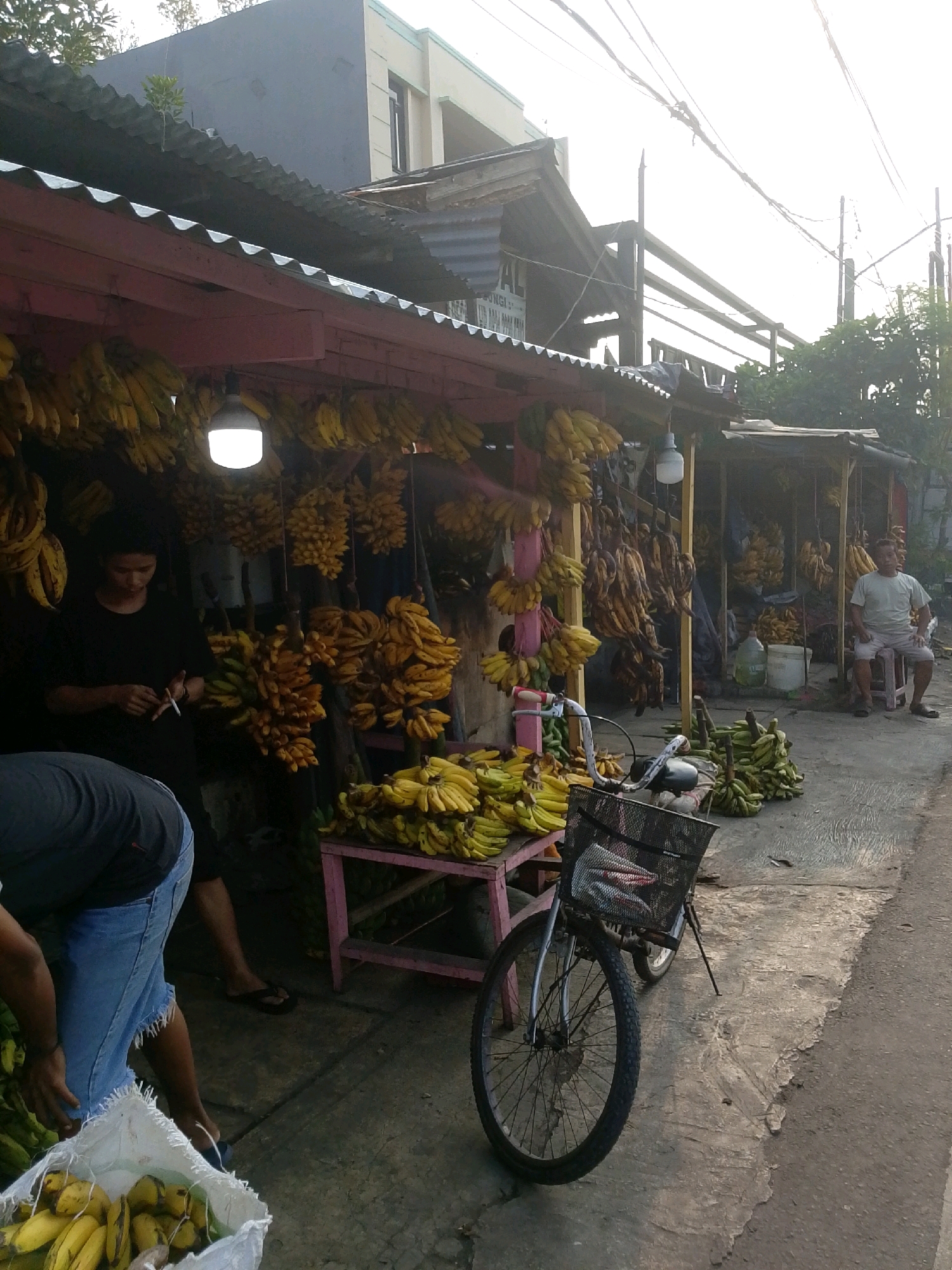 The image depicts an outdoor fruit stall, likely selling bananas, located in East Jakarta, Indonesia. The stall is characterized by its corrugated metal roof and a pink-painted wooden structure. Numerous bunches of bananas, both ripe and unripe, are displayed hanging from the structure and piled on tables and the ground.
In the foreground, a person wearing a black t-shirt and jeans is partially visible, appearing to be in the process of handling or sorting bananas. To the right of the stall, a man in a light-colored t-shirt and shorts sits on a stool, observing the surroundings. A bicycle with a basket containing items, possibly fish, is parked in front of the stall, suggesting a form of transportation or a means for delivery.
The environment appears to be a street or pathway, with a concrete ground and some vegetation visible in the background. The overall impression is of a bustling local marketplace, typical of many urban areas in Indonesia. The lighting suggests it is either early morning or late afternoon, given the soft, diffused sunlight.