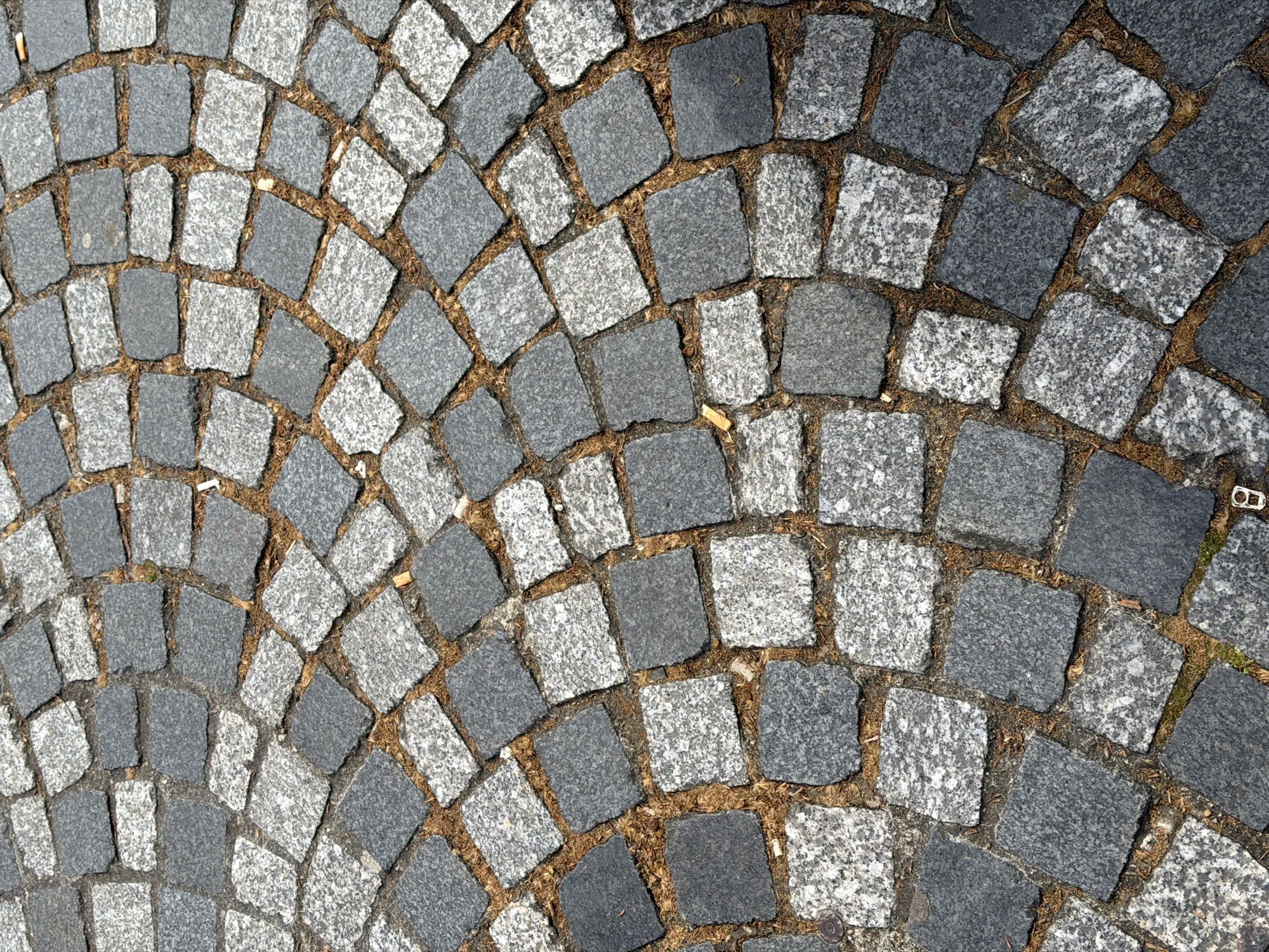The image shows a section of cobblestone paving, likely a street or square, in Paris, France. The cobblestones are arranged in an alternating color pattern of light gray and dark gray, set in a radial arrangement. The paving stones are square or rectangular in shape. Between the stones are narrow gaps filled with dirt or small debris. At the upper right of the image, there is a small, unidentified metallic object. No people or other subjects are visible.