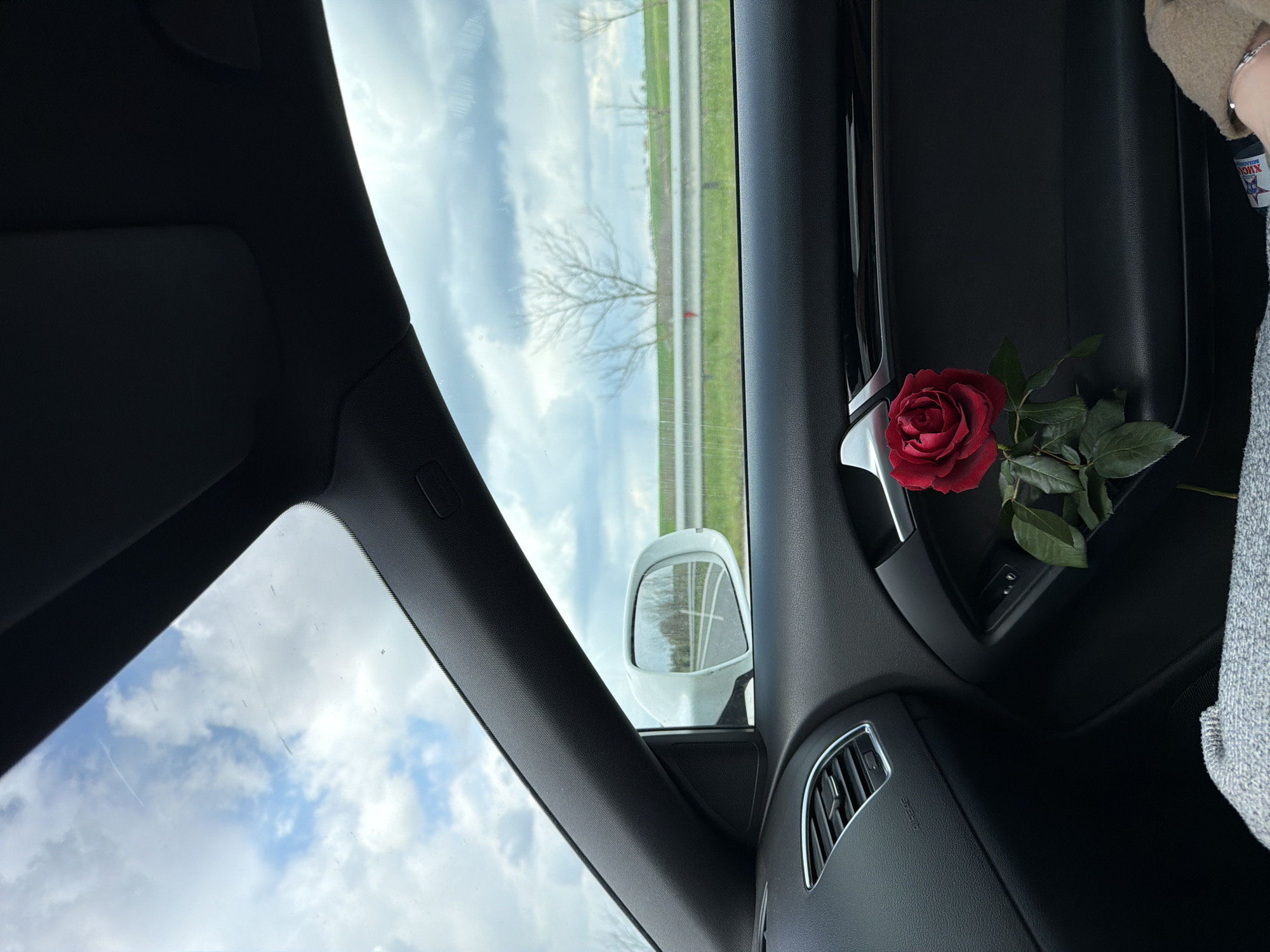 The image depicts the interior of a car, specifically the driver's side. A single red rose with green leaves is placed inside the door compartment. The side mirror is visible, reflecting a view of a highway bordered by grass and trees, suggesting a location outside of a dense urban area. The car's dashboard, air vent, and a portion of the window are also visible. The overall scene suggests a travel setting. There is no data in the image to support the location in the city of Babaeski, Turkey.