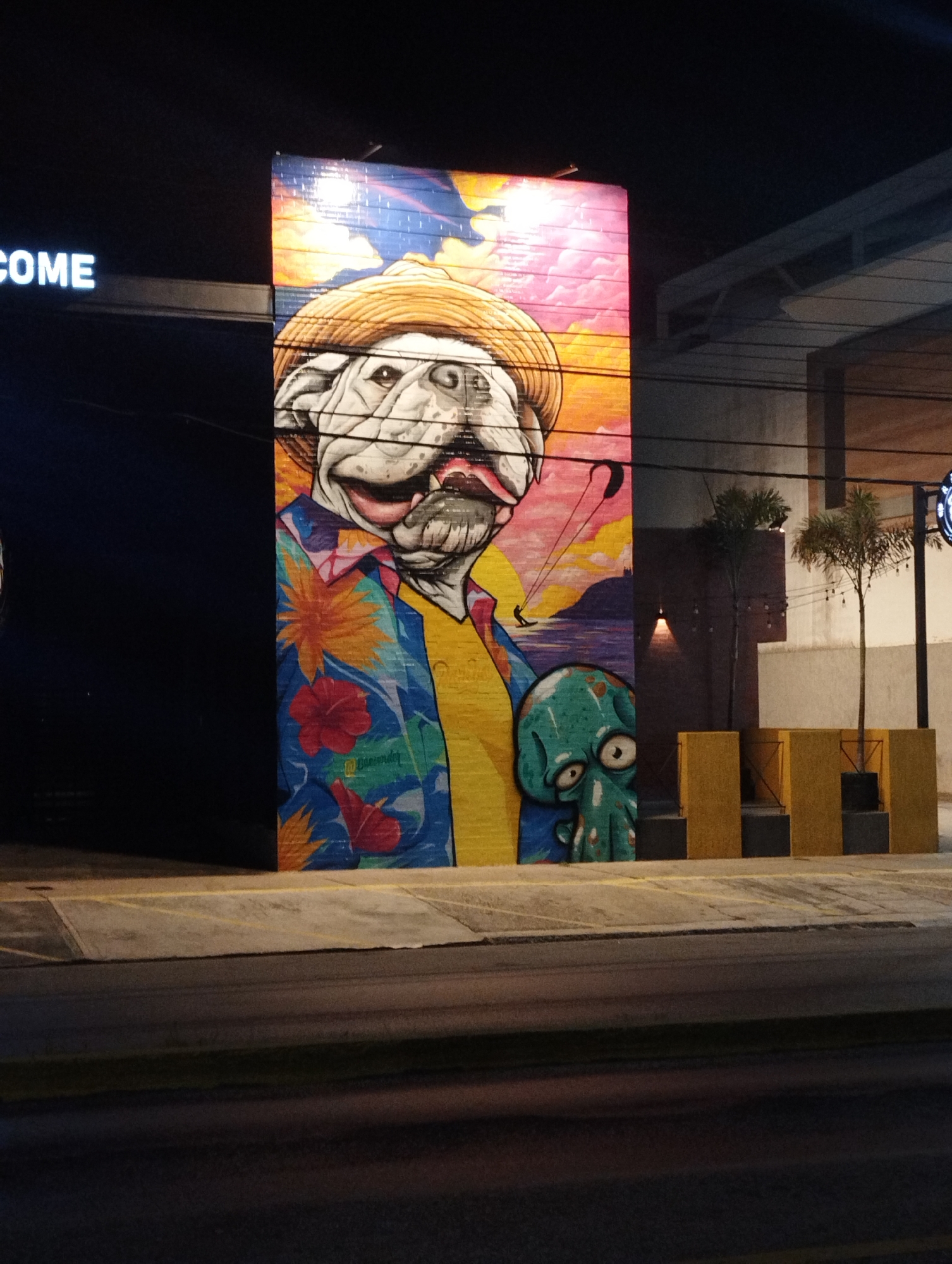 A colorful mural adorns the side of a building in El Valle del Espíritu Santo, Venezuela, at night. The mural depicts an anthropomorphic bulldog wearing a straw hat and a Hawaiian shirt, with a cartoonish octopus at its side. The background of the mural features a kite surfer at sea. In front of the mural, there are two small palm trees planted in yellow planters. The street in front of the mural is dark, suggesting it's nighttime. The "WELCOME" sign above the building is illuminated.