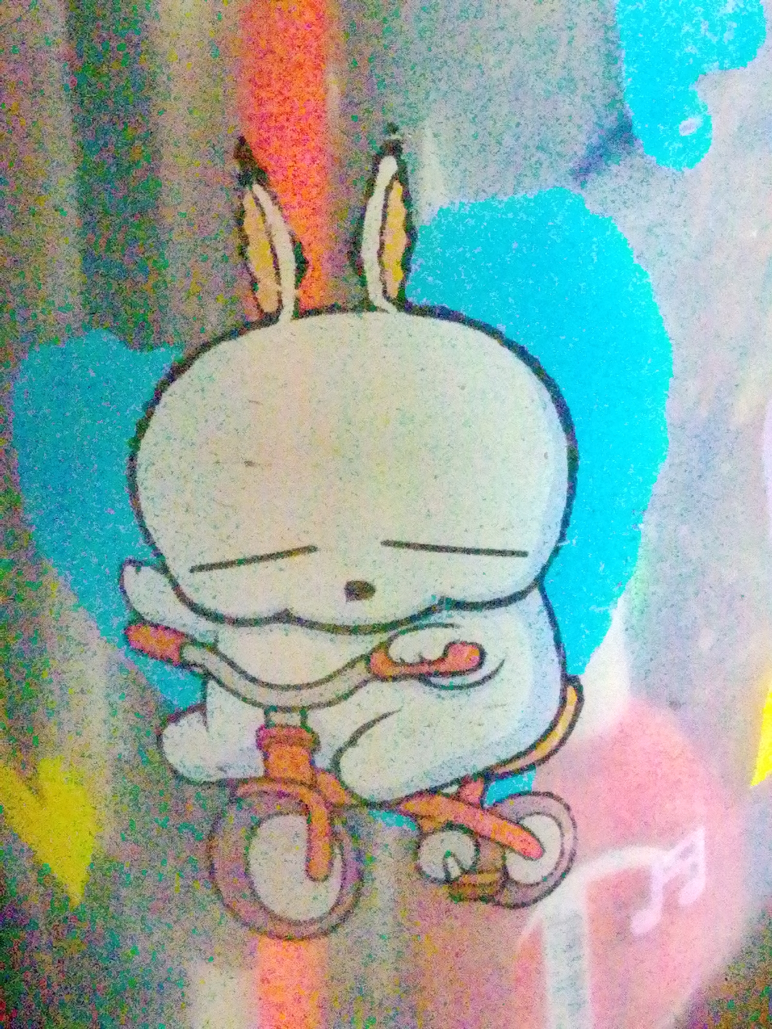 The image shows a drawing of a white, anthropomorphic rabbit character with closed eyes, riding a pink and orange tricycle. The rabbit has long ears with yellow tips and is wearing a light blue aura or shape behind its head. The background is a textured, abstract pattern with vertical stripes of various colors including green, grey, orange, and pink. There are also some light blue and yellow shapes in the background. The drawing appears to be on a surface with a grainy texture, possibly paper or a wall. There is no discernible location in the city of Bandar Lampung, Indonesia, within the image.