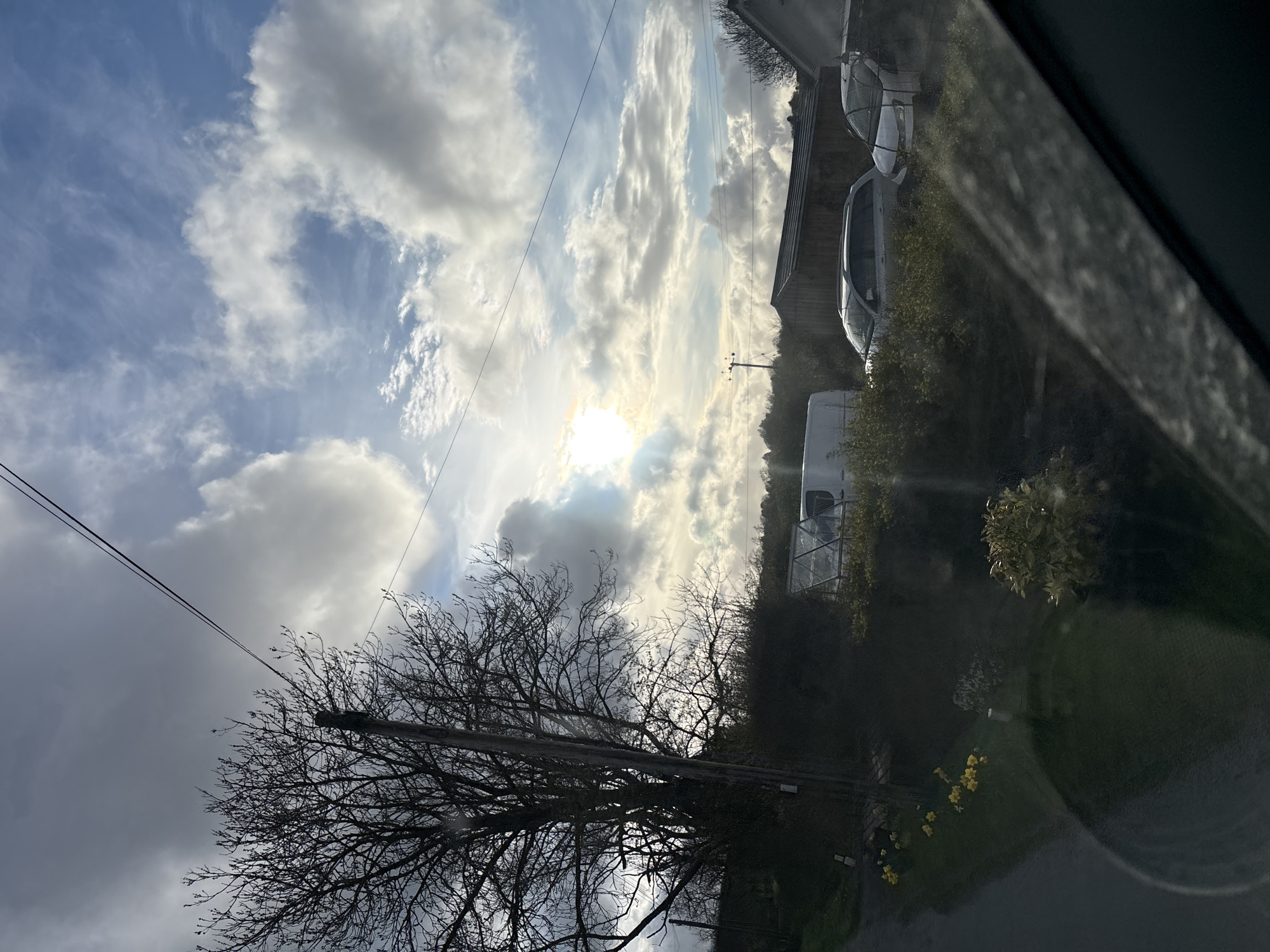The image shows a view of the sky with scattered clouds and the sun shining through. A bare tree with many branches occupies the lower left portion. Utility poles and power lines are visible. On the right side, there are buildings, vehicles (possibly caravans), and vegetation, including some yellow flowers. The scene is likely outdoors. The image may have been taken from inside a vehicle, judging by the reflection or window edge visible on the right. The location is Shelve, United Kingdom.