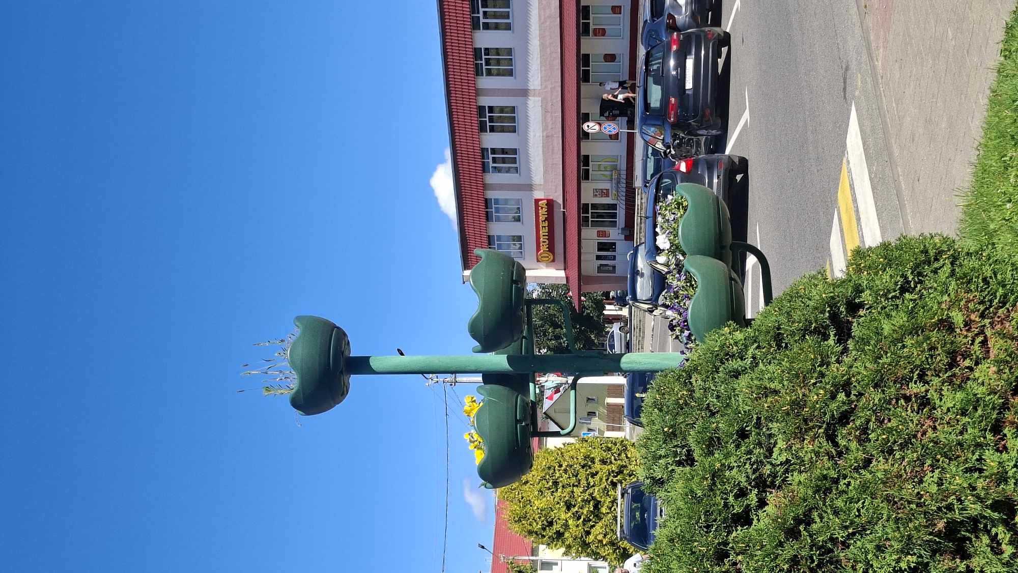 In Myadzyel, Belarus, a vibrant outdoor scene unfolds under a clear blue sky. A multi-tiered green planter, shaped like an abstract flower, stands prominently in the foreground, adorned with various plants and flowers. To the right, a row of cars is parked along a street, with a building featuring a red roof and windows in the background. A prominent sign on the building displays the word "АПТЕЧКА" (Aptechka), indicating a pharmacy. Pedestrians are visible near the entrance of the building and on the sidewalk. A lush green bush occupies the lower left portion of the frame, with a crosswalk visible in front of it. The overall impression is of a sunny day in a well-maintained urban environment.