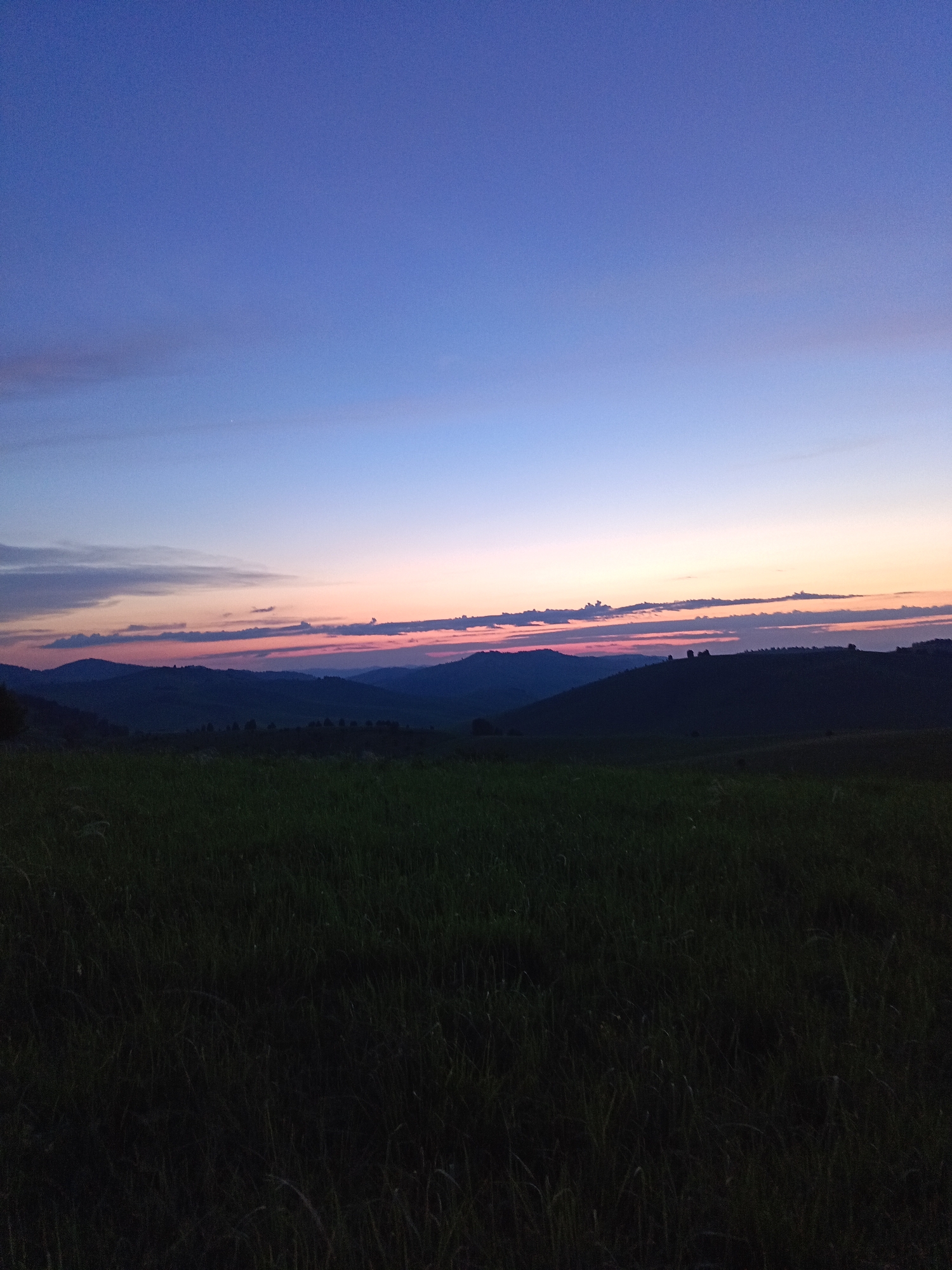 The image depicts a landscape at twilight, characterized by a gradient of colors in the sky transitioning from deep blue at the top to hues of pink and orange closer to the horizon. Rolling hills are silhouetted against the colorful sky, with a strip of darker land separating the hills from the foreground. The foreground itself is occupied by a field of dark green grass, appearing almost black due to the low light conditions. The scene is devoid of any people or man-made structures. The location is identified as the city of Sadovyi, Russia.