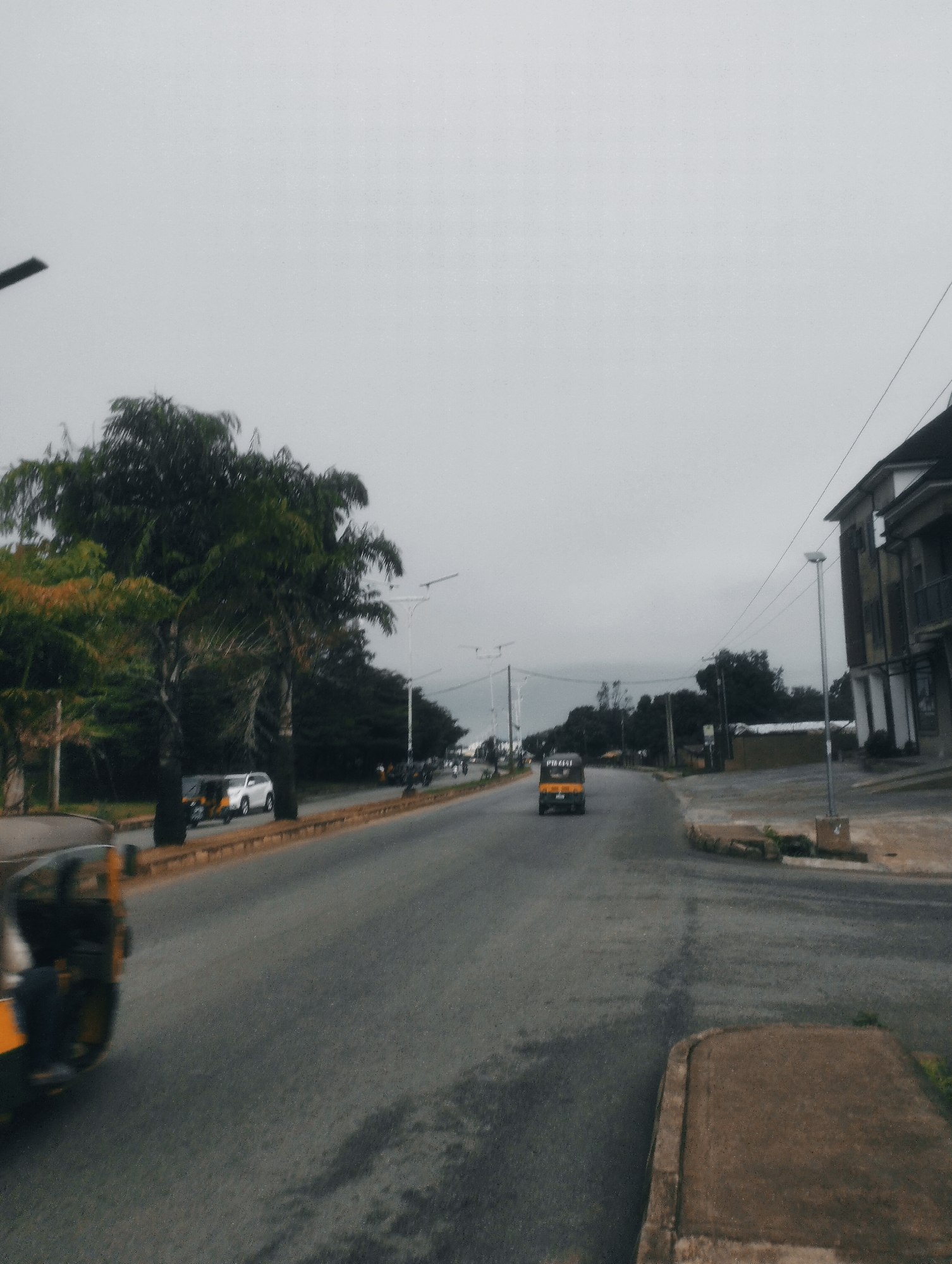 An overcast, grey sky looms above a street scene in Jos, Nigeria. The street is paved with asphalt and marked with a yellow line on the right side. In the foreground, a yellow and black auto-rickshaw, likely a motorized tricycle, is blurred due to motion, with its front wheel and driver's legs visible. Further down the street, another similar auto-rickshaw, yellow in color, is clearly visible in motion. A white SUV is parked on the side of the road. Lush green trees with some reddish-brown foliage line the left side of the street, creating a natural border. On the right side, a multi-story building with a dark facade and arched windows is partially visible. Streetlights with modern designs are present along the road. Power lines crisscross the sky, connecting various poles. The overall scene depicts a typical day on a road in Jos, Nigeria, with everyday transportation and urban infrastructure present.