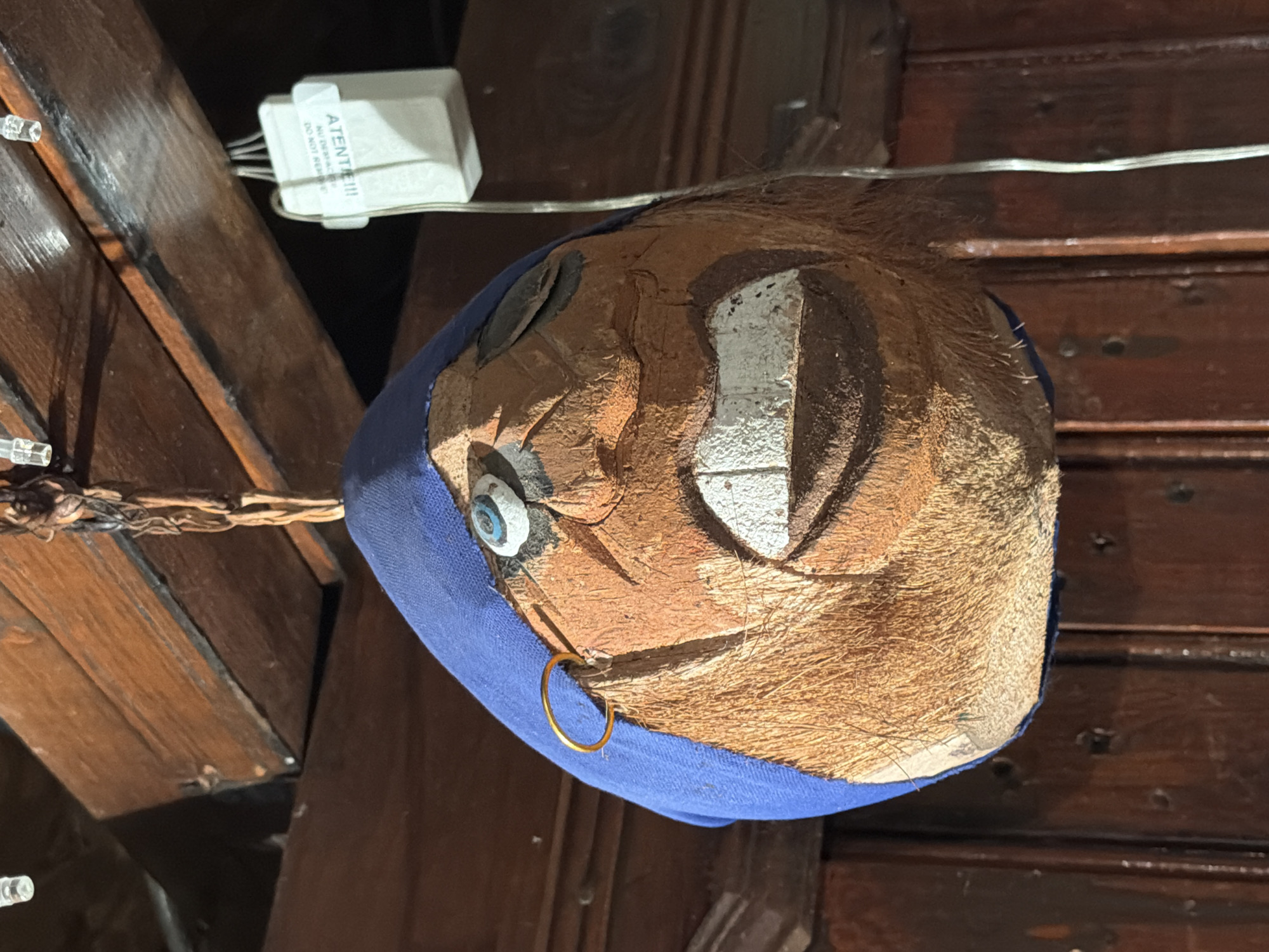 A low-angle shot captures a coconut-shell mask suspended from a wooden structure. The mask features a blue cloth covering, painted eyes, and a prominent white rectangle on its face. A gold ring is attached to the lower portion of the blue cloth. A white electrical device with the word "ATENTIE!!!" printed on it is visible above the mask, attached to the same wooden structure. The background consists of dark wooden beams and planks. The location is Lesichovo, Bulgaria.