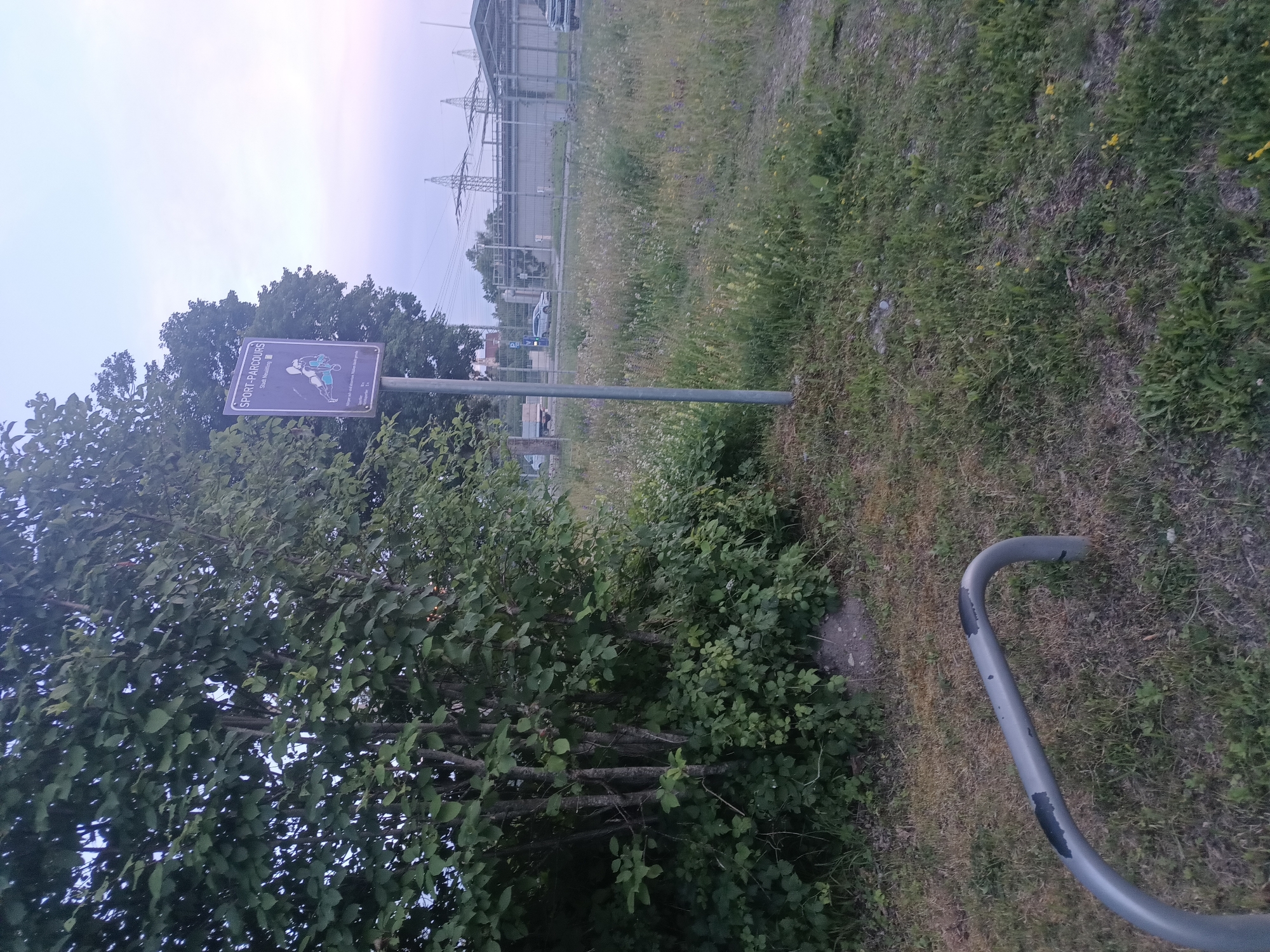 The image depicts a scene in Neuötting, Germany, featuring a "SPORT-PARCOURS" sign with an illustration of a person exercising. The sign is mounted on a metal pole and is positioned near a dense cluster of trees and bushes. In the background, a high-voltage power line structure is visible, along with a building and a fence. A silver car is parked in the distance. In the foreground, a gray, U-shaped metal structure, possibly a bike rack, is present. The ground is covered with grass and scattered small yellow flowers. The sky is overcast, with a pale, hazy light.