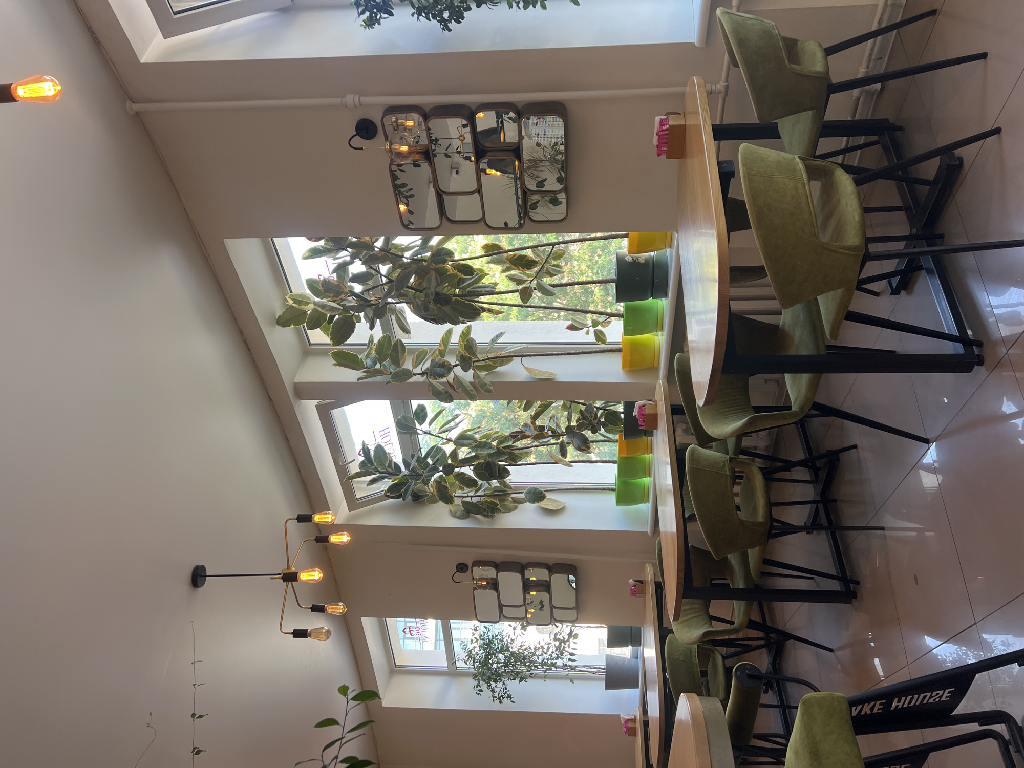 The image shows the interior of a cafe in Odesa, Ukraine. The cafe features light-colored walls, a tiled floor, and several tables with light wooden tops and black metal legs. Green upholstered chairs with similar black metal legs surround the tables. Large windows line one wall, allowing natural light to illuminate the space.
Several potted plants are placed near the windows. In the foreground, to the left, a black chair leg with white lettering that appears to read "AKE HOOHE" is visible. A modern chandelier with five Edison-style bulbs hangs from the ceiling. On the wall between two windows, a decorative piece with stacked rectangular mirrors reflects the interior of the cafe. The overall ambiance is modern and botanical, with ample natural light. No people are visible in the image.