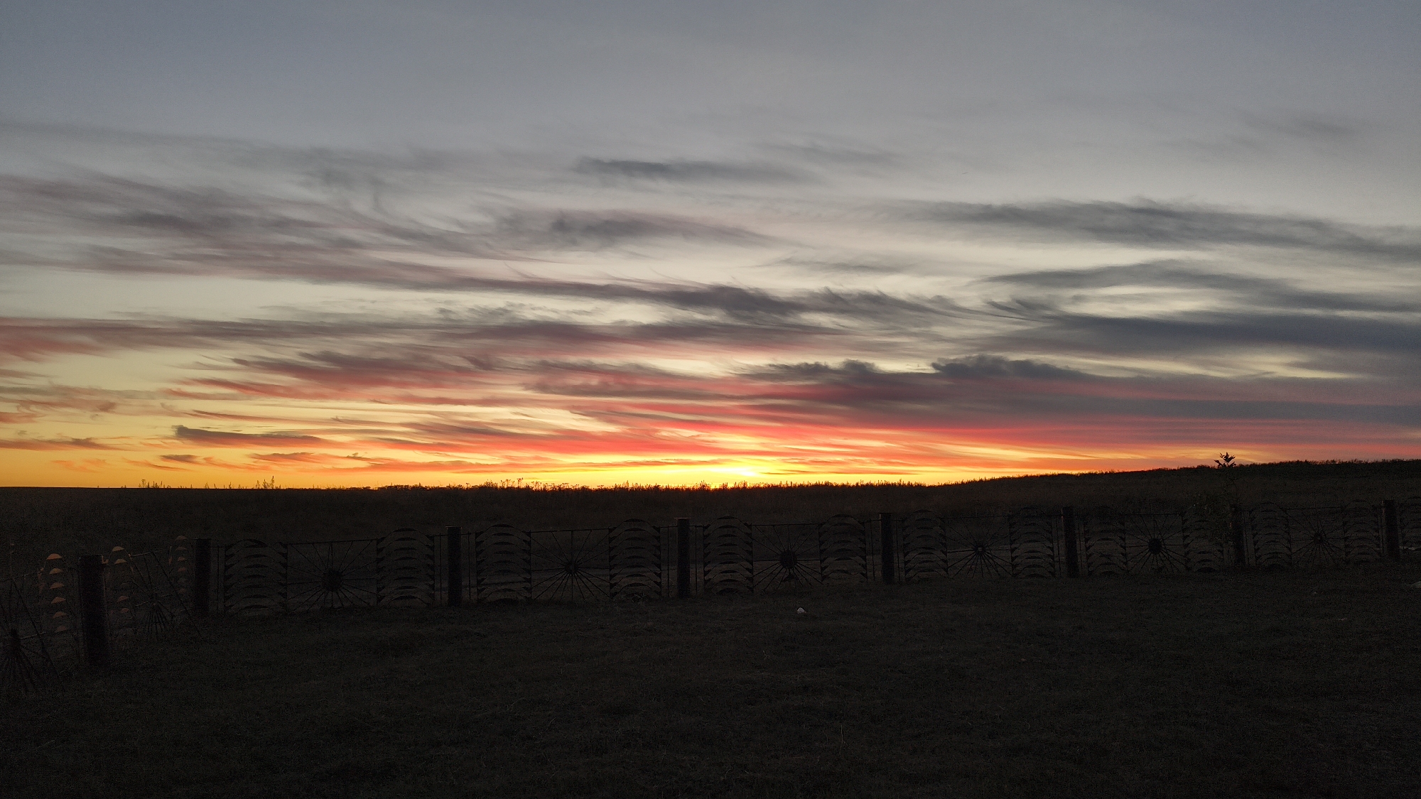 A wide-angle, low-light photograph captures a dramatic sunset over a rural landscape in Шарашенский, Russia. The sky is a canvas of vibrant colors, transitioning from a bright yellow and fiery orange near the horizon to soft pinks and deep purples, finally fading into a muted grey at the top of the frame. Wispy clouds streak across the sky, catching the fading light and adding texture to the scene.
In the foreground, a dark silhouette of a grassy field stretches across the bottom half of the image. A rustic fence, constructed from what appears to be repurposed metal, possibly agricultural equipment with circular, spoke-like designs, runs horizontally across the middle ground. The fence is punctuated by vertical posts, also silhouetted against the fading light. A small, solitary tree stands on a slight rise in the landscape behind the fence, to the right of the frame, also in silhouette. The overall impression is one of vastness and natural beauty, with the man-made elements blending into the serene, twilight environment. There are no people visible in the image.