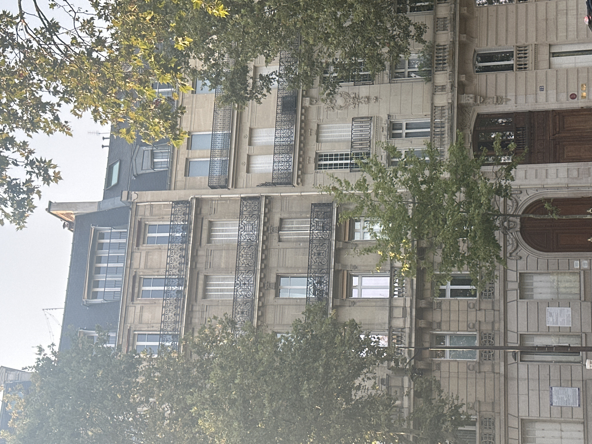 The image captures a section of a Parisian apartment building, likely in a Haussmannian style, given the architectural features. The building has a light stone facade with multiple stories, each featuring distinct windows and balconies. The balconies are adorned with intricate wrought-iron railings. Trees with dense green foliage, some showing hints of autumn color, partially obscure the building, suggesting the photograph was taken in either late summer or early autumn. Sunlight filters through the leaves, creating a dappled effect on the facade. The sky is overcast, contributing to a soft, diffused light. The ground level shows a large wooden double door with ornate carvings, and above it, a covered entrance. There is a street number "52" visible on the building's facade. The overall impression is of a residential street in Paris, with a focus on the building's architecture and its interaction with the surrounding trees. No people are visible in the image.