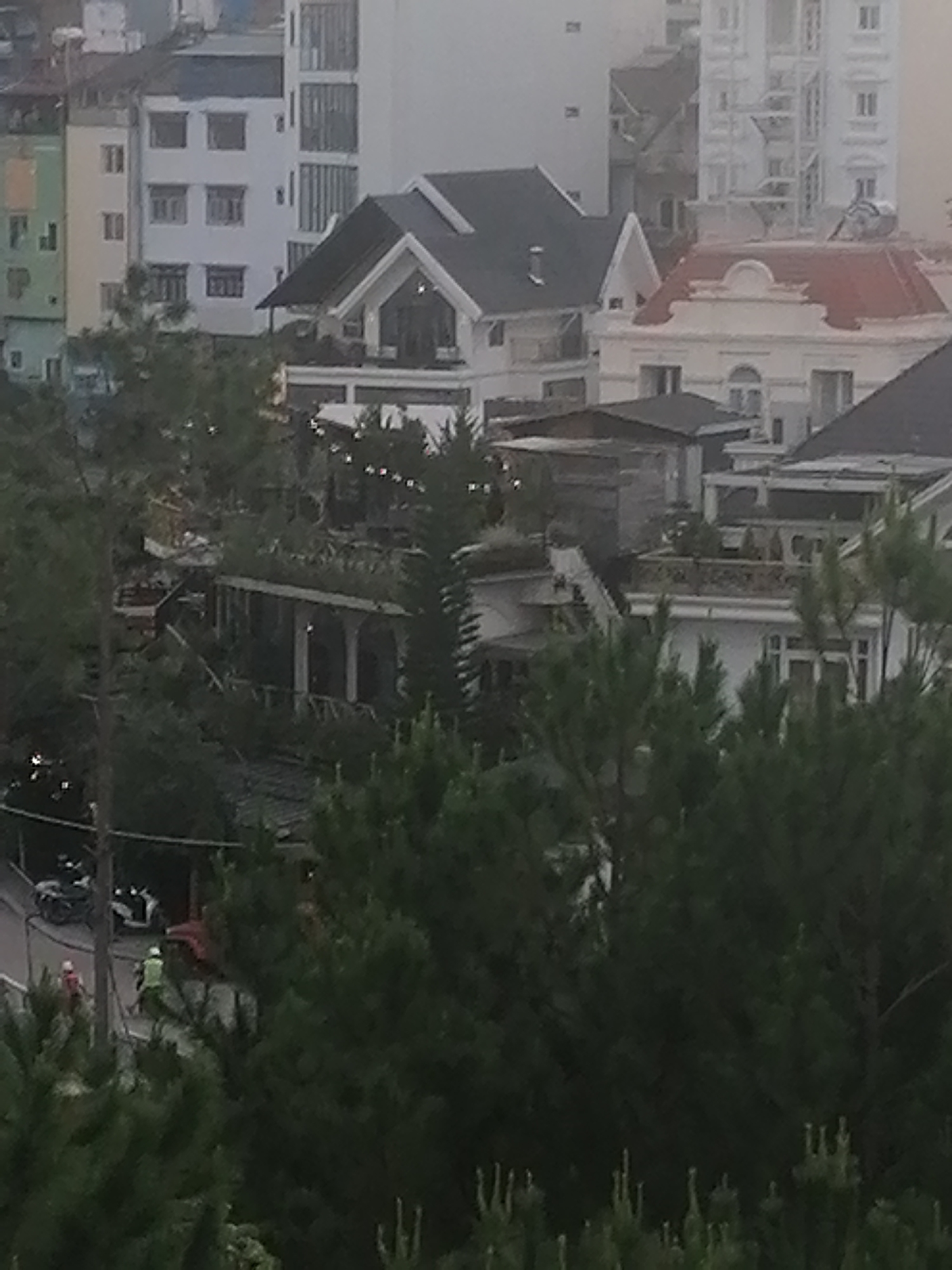 The image depicts a cityscape with a prominent foreground of dark green pine trees, obscuring a significant portion of the scene. Behind the trees, several buildings of varying architectural styles are visible, suggesting an urban or suburban environment. The buildings include a multi-story white structure with numerous windows, a building with a dark pitched roof and large windows, and a white building with a red-tiled roof and arched windows. In the lower left portion of the image, a street is partially visible with two motorcycles parked on the side and two individuals standing near them. One individual appears to be wearing a yellow vest and the other a red shirt. The overall atmosphere suggests a slightly overcast day, with a hint of haze in the background. The presence of pine trees and the architectural styles are consistent with the landscape of Da Lat, Vietnam, known for its French colonial architecture and pine forests.