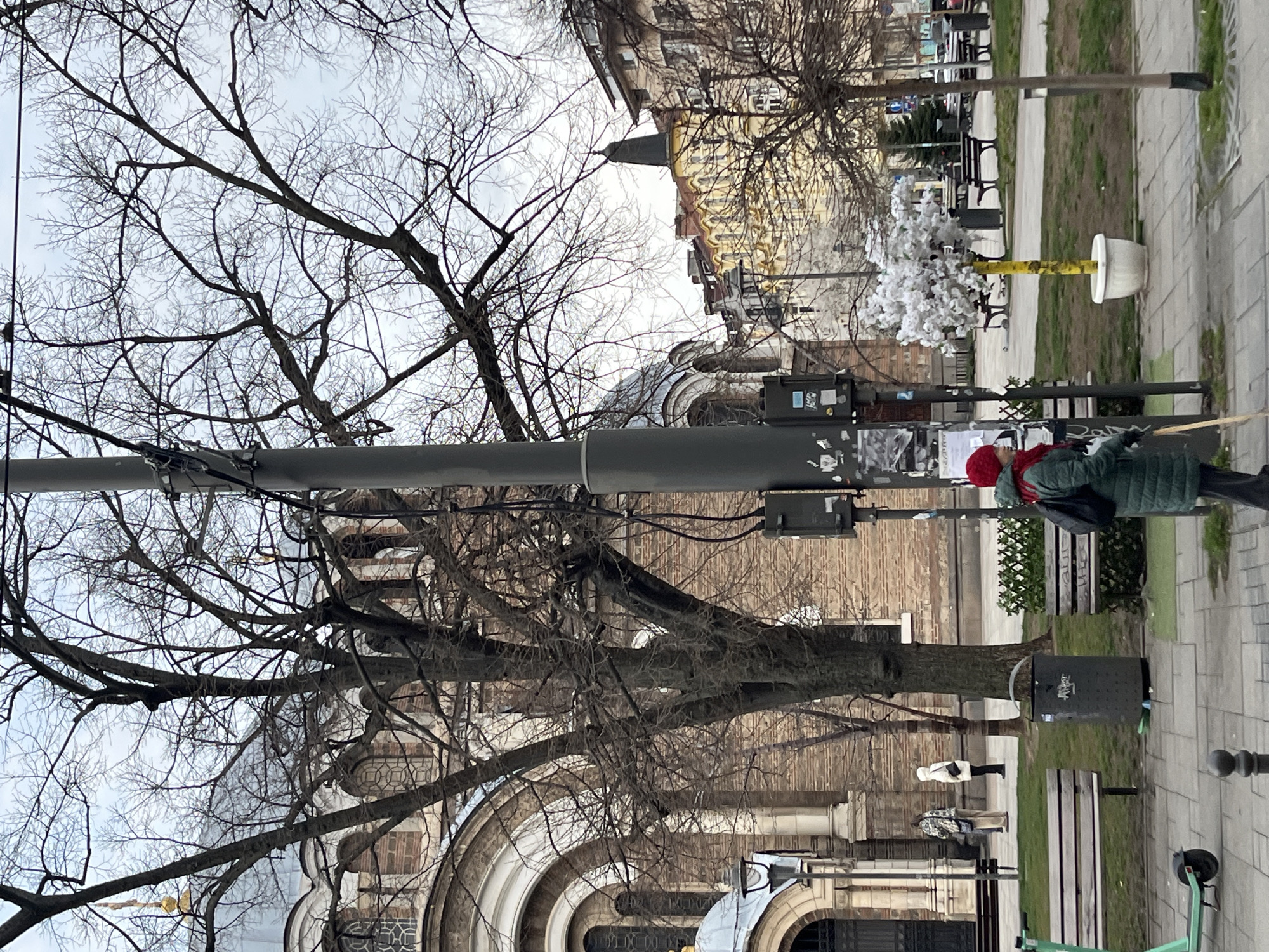 The image captures a street scene in Sofia, Bulgaria. A tall, gray utility pole dominates the foreground, with numerous bare tree branches intertwining around it and against the sky. Behind the pole, an ornate brick building with arched windows and architectural details is visible. Adjacent to the pole, there is a street scene including benches, greenery, and people. A woman wearing a red hat and a green coat walks along the sidewalk. Further in the background, an elaborate building with a yellow facade can be seen.