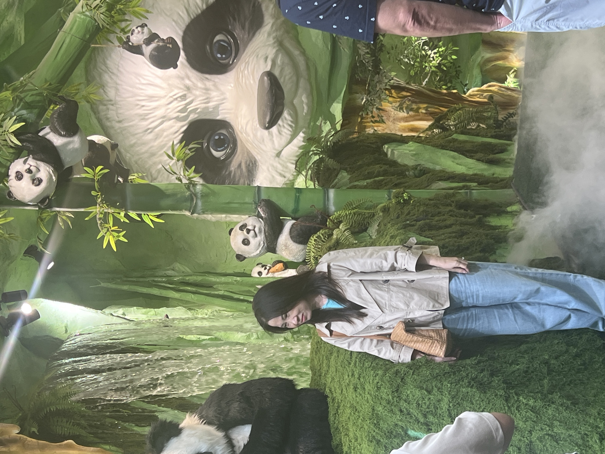 The image depicts a woman with long black hair, wearing a light beige trench coat and blue jeans, posing in front of a panda-themed backdrop. She is holding a woven bag. The backdrop features various panda figures in a bamboo forest setting, including a large panda face in the background and several smaller pandas scattered around. The surrounding environment consists of greenery and simulated mossy surfaces. Based on the provided location, it is possible this is an indoor attraction or display in the Yuzhong District, China. Other people are present but are out of focus in the background.