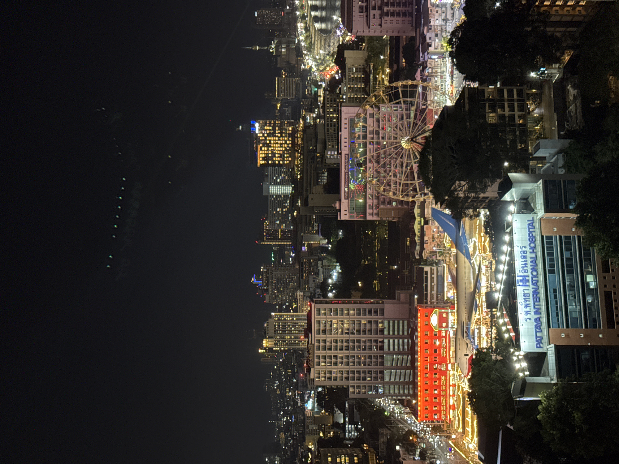 The image depicts an elevated nighttime view of Pattaya City, Thailand. The city extends from left to right, with a dark body of water, likely the ocean, on the left side of the image. A Ferris wheel is illuminated with lights in the mid-ground. Buildings are densely packed together with visible street lights. In the foreground is a hospital building labeled "PATTAYA INTERNATIONAL HOSPITAL," alongside a smaller building with a red facade. Trees are visible on the right edge of the image.