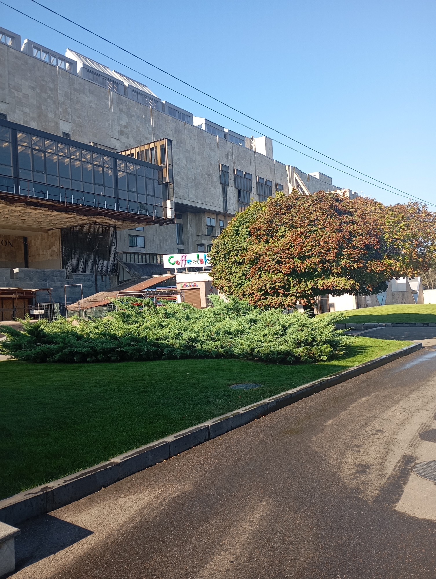 In Kharkiv, Ukraine, on a clear day, a large, modern building with a grey stone facade and prominent glass windows dominates the background. In front of the building, a large, deciduous tree with a canopy displaying autumnal colors of green, red, and brown stands. A manicured lawn surrounds the base of the tree and extends to the foreground, bordered by a concrete curb and an asphalt pathway. To the right of the tree and lawn, a cafe with a colorful "Coffee-lak" sign is visible, along with a smaller sign that reads "Coffee-lak." Further left, there are some temporary wooden structures. The overall scene depicts an urban setting with a blend of modern architecture and natural elements.