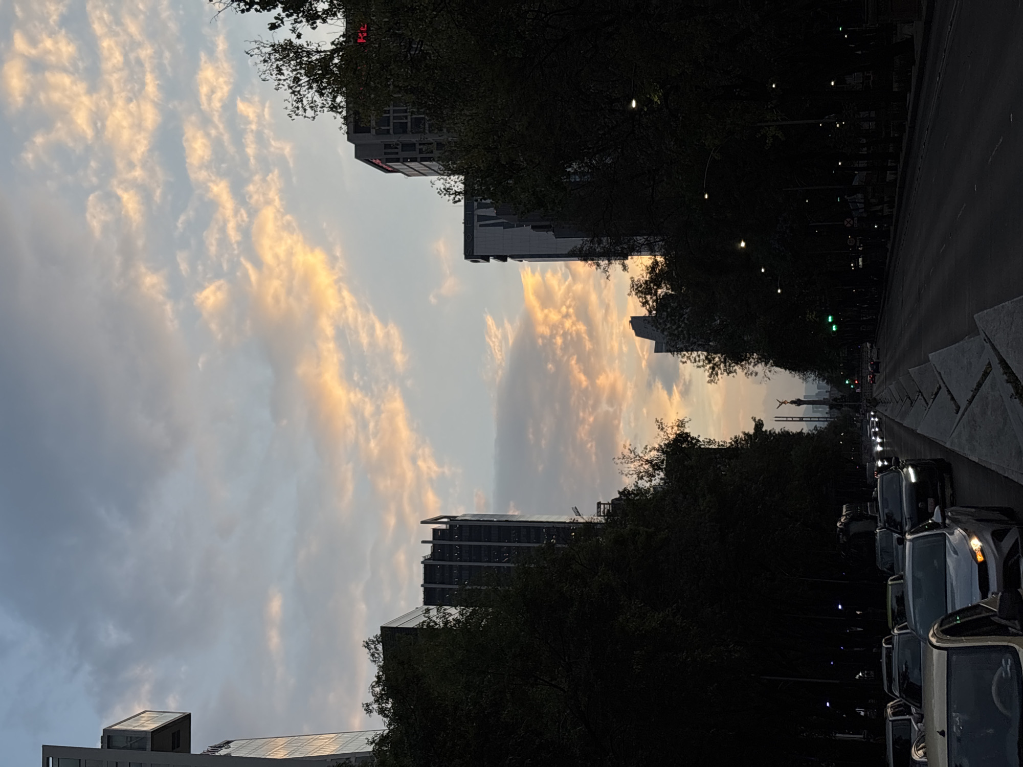 The image depicts an urban street scene in Mexico City during dusk or early evening. The sky, occupying the upper portion, is filled with scattered clouds showing warm hues of orange, yellow, and pink, illuminated by a setting or rising sun, contrasting with the cooler blue-grey tones in other parts of the sky.
Dense, dark trees line both sides of a wide street, forming a natural canopy that partially obscures the buildings behind them. Above the tree line, modern buildings and skyscrapers are visible as dark silhouettes against the sky. On one building on the left side of the frame, faint red illuminated text, possibly "HO" from a sign like "HOTEL," can be discerned.
The street itself shows a line of cars, predominantly on the right side, many with their headlights illuminated, suggesting either parked vehicles or slow-moving traffic. Streetlights are on along the tree-lined sections and overhead, casting small points of light into the gathering twilight. In the far distance, at the end of the long street, a distinct monument or statue, characteristic of the Angel of Independence, rises above the tree line, serving as a key location cue for Mexico City. The overall atmosphere conveys a serene yet active city transitioning from day to night.