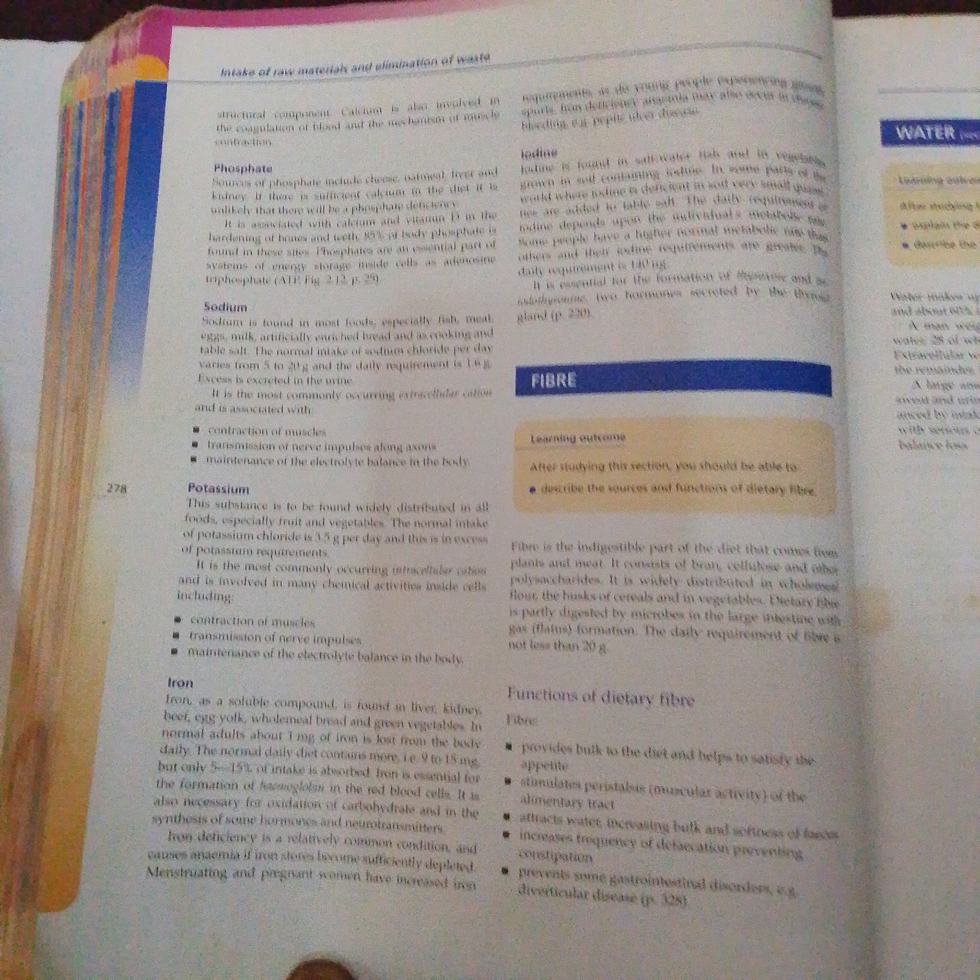 This media file displays a page from a textbook. The page is filled with printed text discussing topics related to nutrition and bodily functions, specifically "Intake of raw materials and elimination of waste," "WATER," and "FIBRE." The text is divided into sections with headings such as "Phosphate," "Sodium," "Potassium," "Iron," and "Functions of dietary fibre." There are also "Learning outcome" boxes that indicate specific educational objectives. The overall scene is that of an educational document, likely a biology or health science textbook, with no people, objects, or specific setting outside of the printed page itself. The time of day, weather, and emotions are not discernible. The dominant elements are the various fonts, headings, bullet points, and paragraphs that make up the educational content.