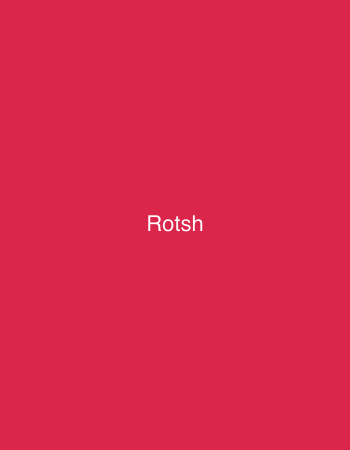 The image displays a solid, uniform crimson red background. Centrally positioned, the word 'Rotsh' is presented in white, sans-serif typography. The scene, as described, is contextualized within the city of Casablanca, Morocco. No individuals, additional objects, specific environmental features, actions, or interactions are visible within the frame.