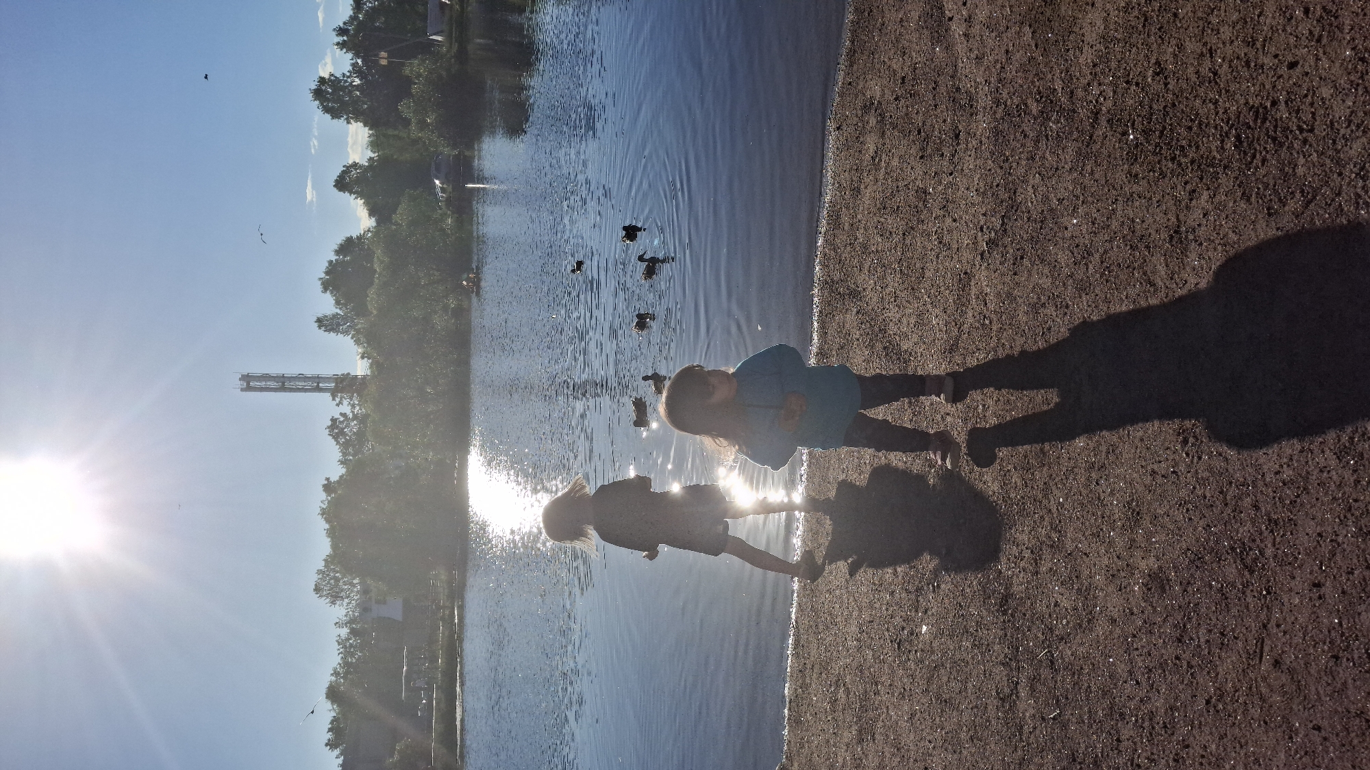This is a vertical, eye-level, full shot photograph taken on a sunny day at an outdoor location, likely in Saint Petersburg, Russia. The foreground is dominated by a sandy or gravelly ground. Two young children are standing on the edge of a body of water, possibly a lake or river. The child on the left is silhouetted against the bright sun, with their back to the camera, appearing to be walking away from the water. The child on the right, facing slightly to the right, is wearing a blue jacket and is looking down, holding something in their hands.
In the middle ground, the water reflects the bright sunlight, creating a strong glare. Several ducks are visible swimming in the water. In the background, across the water, is a treeline with lush green foliage. Behind the trees, a tall, metallic tower, possibly a communication tower or part of an industrial structure, is prominently visible against the clear blue sky. There are also some other structures, including tents or small buildings, and a car visible in the background, suggesting the presence of a park or camping area. The overall atmosphere is bright and sunny, with the sun creating strong lens flares and casting long shadows.