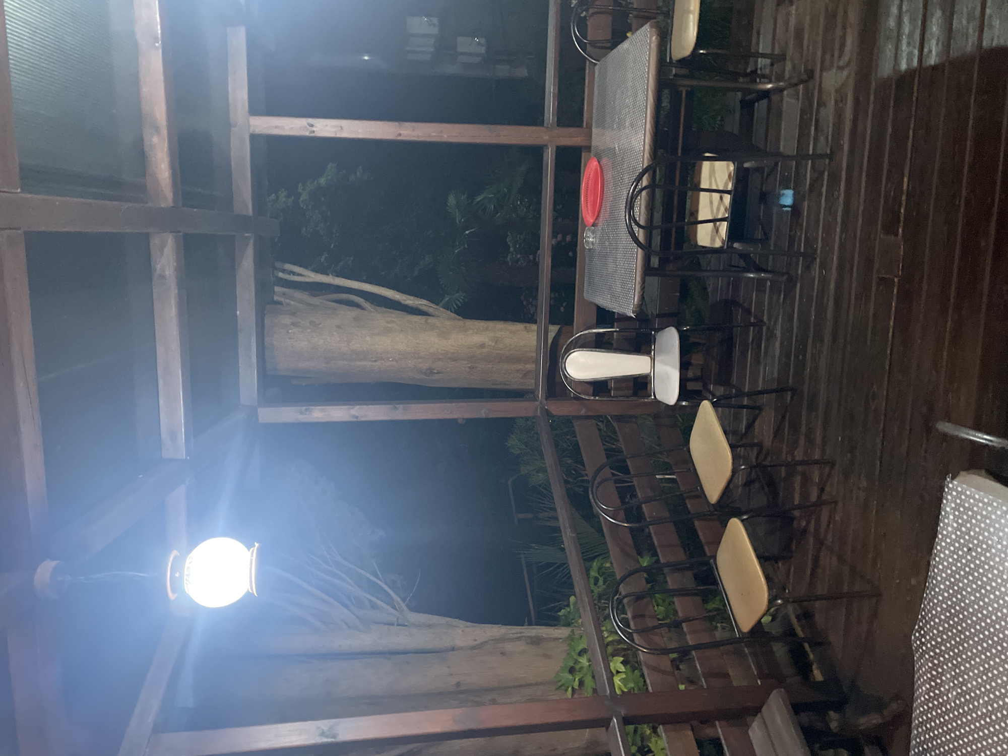 An outdoor patio area at night features a wooden deck and railing, with several chairs and a table. A bright, round light fixture hangs from the covered ceiling. Trees are visible in the background, and the area appears to be dimly lit. A red plate is on the table.