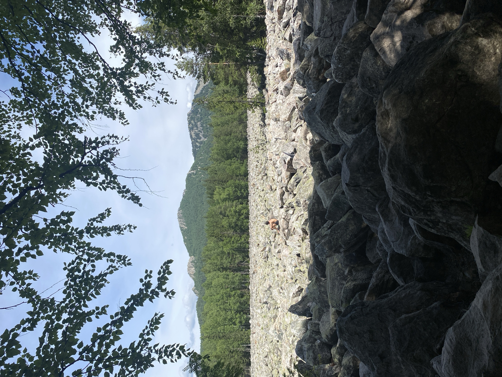 The image depicts a vast expanse of rocks, suggesting a geological feature like a scree field or a rockfall area. In the middle distance, a lone individual, appearing to be a young person, is seated on one of the rocks. Beyond the rocky terrain, a dense forest of green trees stretches horizontally, and behind the forest, mountains rise, their peaks rugged and partially obscured by the trees. The sky above is partly cloudy, with patches of blue visible. The foreground is dominated by large, dark rocks, creating a sense of depth and texture. The overall scene conveys a natural, somewhat wild landscape. This landscape is characteristic of the Taganay National Park near Zlatoust, Russia, known for its unique geological formations and natural beauty.