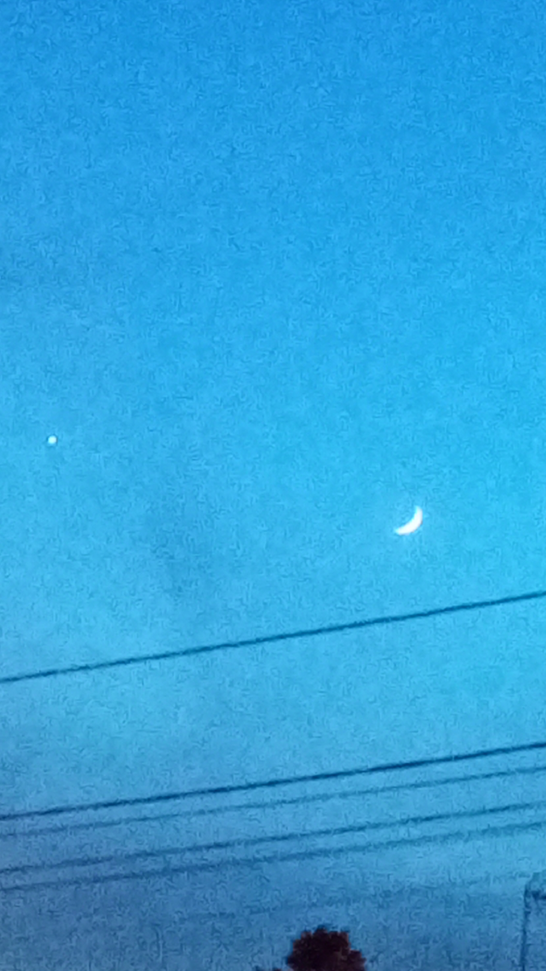 The image shows a blue sky at twilight. A crescent moon is visible in the upper right portion of the frame. To the left of the moon, a bright star or planet is also visible. In the lower portion of the image, electrical wires run horizontally across the frame. The silhouette of a tree is visible at the very bottom center. The image was taken in Юдино, Russia.