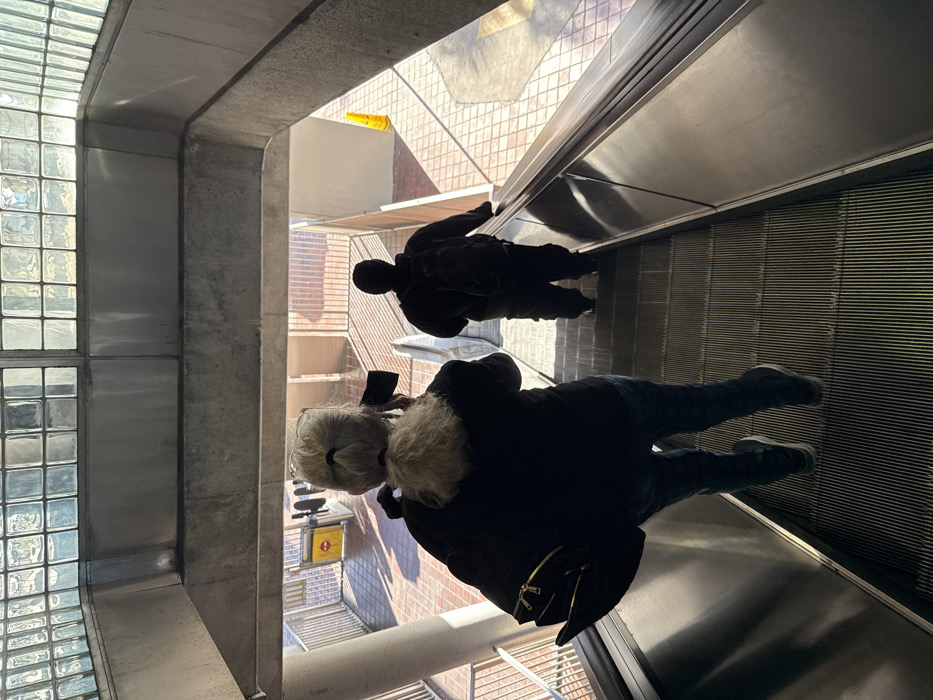 A downward-angle photograph depicts two individuals descending an escalator at a Metrorail station in Hialeah, United States of America. In the immediate foreground, an adult female with light-colored hair, styled in a ponytail, wears a dark jacket, blue jeans, and a black backpack with visible gold zippers. She holds a dark electronic device, possibly a camera or smartphone, to her right eye, aimed forward. Ahead of her, a second, silhouetted adult individual, dressed in dark clothing and carrying a backpack, occupies a lower step on the escalator. The escalator features ribbed metal steps and a stainless steel handrail. Above, the station's ceiling structure consists of concrete beams and translucent square glass blocks, allowing diffused natural light. The brightly lit lower level reveals a patterned reddish-brown tiled floor, white metal railings, a yellow caution cone positioned on the right side, and a yellow 'No Entry' sign with a red circle and white bar, affixed to a barrier on the left.