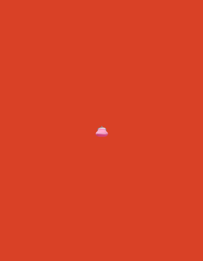 A single, small, pink, cartoonish purse with a silver clasp is suspended in the center of a solid, vibrant red background. The purse is the only object in the frame.