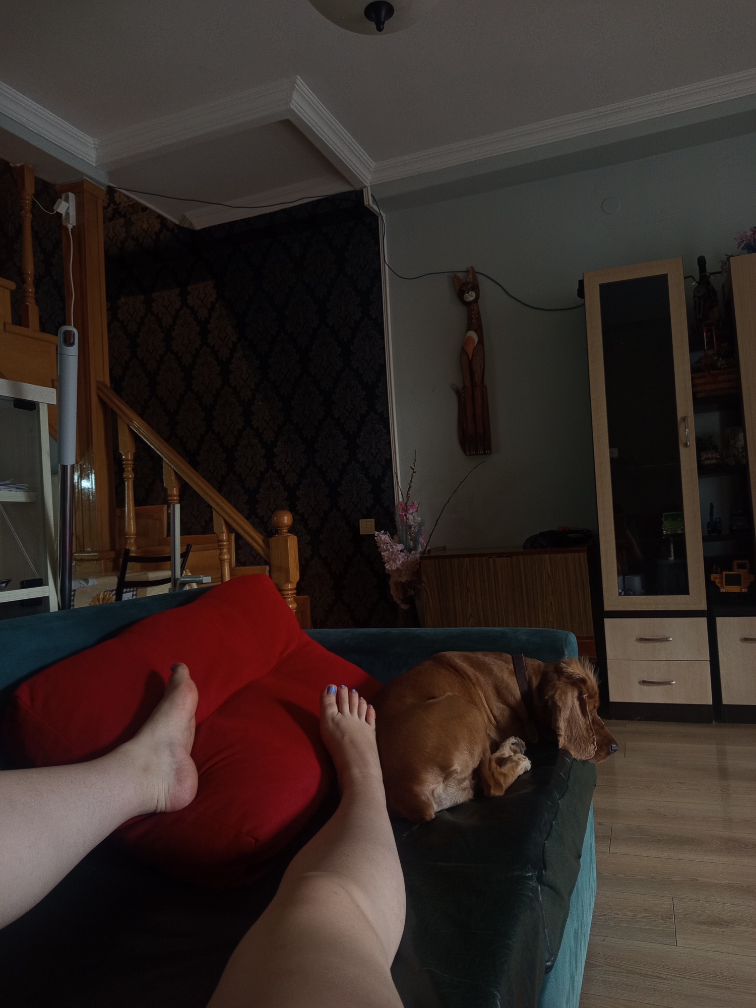 The image depicts an indoor scene within a residential setting, likely in Tbilisi, Georgia, based on the provided context. The perspective is from the viewpoint of someone relaxing on a couch. In the foreground, two human legs are visible, resting on a dark green couch. One leg is positioned horizontally, while the other is bent at the knee, placed over a large red pillow. The person appears to be barefoot, with painted toenails.
To the right of the legs, a medium-sized, light brown dog is sleeping on the same couch. The dog is curled up, with its head resting on the couch's armrest. The dog is wearing a brown collar.
The background reveals a dimly lit room with various furnishings. To the left, a wooden staircase with carved railings ascends into darkness. A white floor fan stands near the bottom of the staircase. The wall behind the staircase is covered with dark wallpaper featuring a repeating pattern.
Further to the right, a tall, light-colored cabinet with multiple shelves and drawers is visible. Some items are displayed on the shelves, including what appear to be decorative objects and possibly books. A wooden decorative carving of a fox-like animal is mounted on the wall above a wooden chest of drawers. A cluster of pink flowers in a vase is placed on top of the chest. The floor is made of wooden planks. The ceiling has decorative molding. The overall ambiance suggests a casual, lived-in home environment.