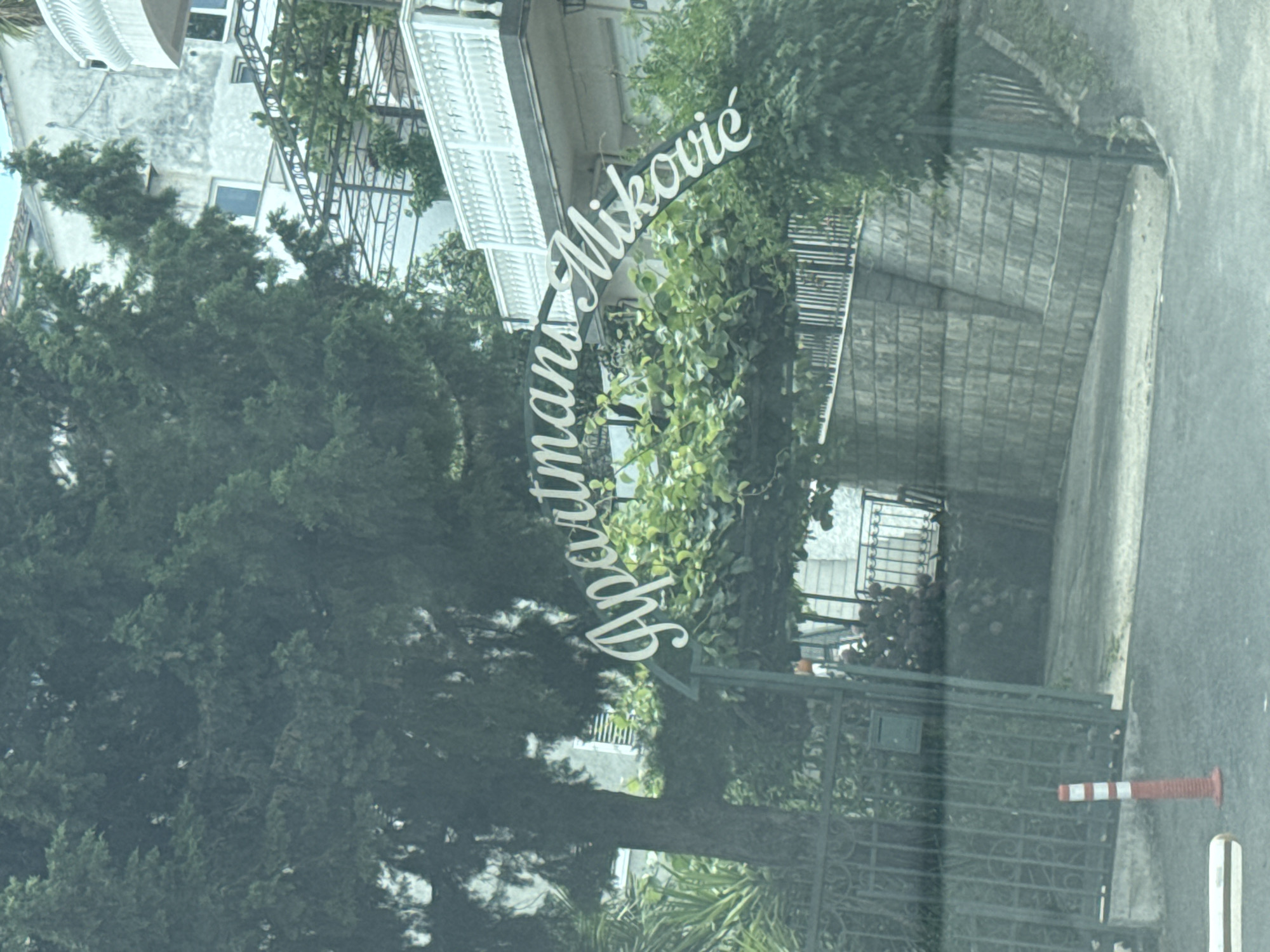 A view of the entrance to "Apartmans Miskovic" in Budva, Montenegro, is presented. The entrance is marked by an archway with white cursive lettering spelling out the name of the establishment. Lush green foliage frames the archway. To the left of the entrance is a black metal fence with a mailbox attached. A red and white traffic cone stands on the paved ground in front of the fence. Behind the archway, a building with white railings on balconies and a light-colored facade is visible. The ground slopes upwards behind the entrance, composed of stacked stone blocks. A large tree with dark green foliage dominates the left side of the image. The scene appears to be captured from a vehicle, as indicated by the reflections on the surface.