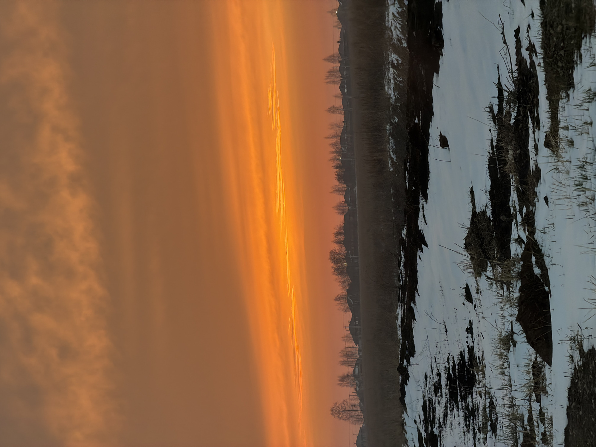 Captured at sunset or sunrise, the image presents a ground-level perspective of a landscape in or around the city of Большая Шильна, Russia. The sky is illuminated in various shades of orange and yellow, hinting at the presence of thick clouds, and the ground is partially covered with snow. Sparse, dry vegetation and leafless trees border the field. Dwellings of small size or modest dwellings are positioned in a row behind the vegetation. The scene's atmosphere suggests a cold winter or early spring, with the fading light painting the scene in subdued colors.