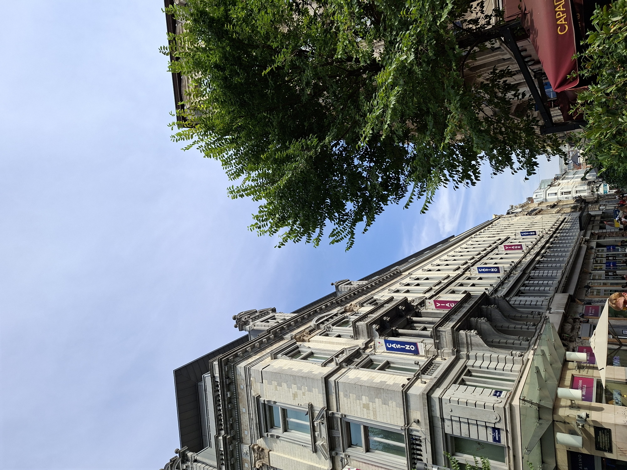 The image shows a street scene in Brussels, Belgium, with old stone buildings and a large green tree. The buildings are ornate with detailed architectural features and multiple stories. There are several banners hanging from the buildings, some of which read "CASINO" and "VIAGE". A burgundy awning with the word "CAPADE" is visible on the right side of the image. The sky is blue with some scattered clouds. The scene appears to be a commercial area with shops and potentially cafes or restaurants lining the street. A few people are visible walking on the sidewalk in the distance. The perspective is looking up from street level, emphasizing the height of the buildings and the density of the urban environment.