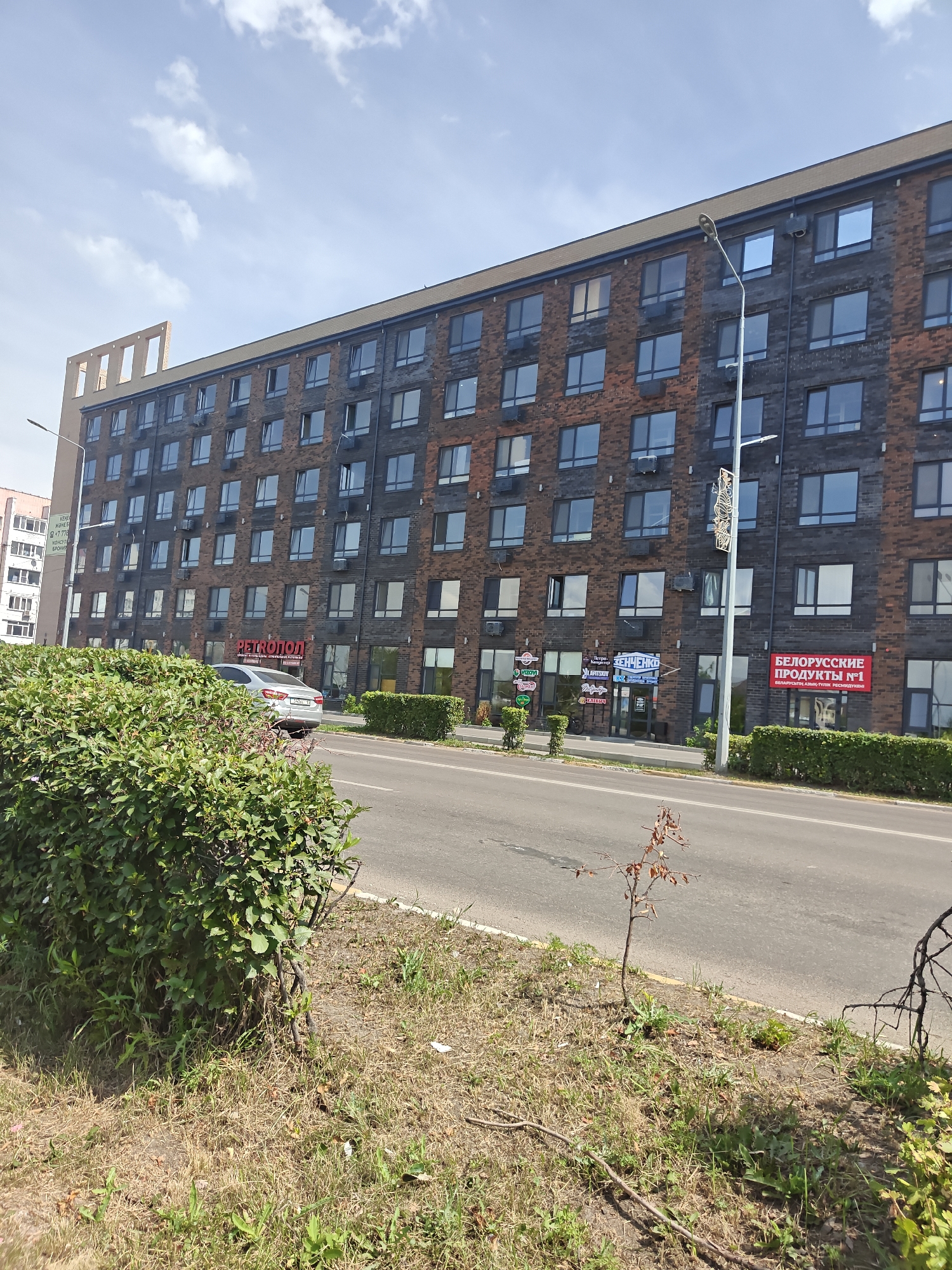 The image captures a modern, multi-story building with a dark brick facade, interspersed with lighter brick sections, and numerous dark-framed windows. The building appears to be residential or commercial, with several visible businesses on the ground floor, including a sign for "PETROPOL" and another for "BELORUSSKIE PRODUKTY Nº1" (Belarusian Products No. 1). A silver car is parked in front of the building. The scene is set along a paved road, bordered by a lush green hedge in the foreground. Beyond the hedge, dry grass and sparse vegetation are visible. A lamppost stands near the building, and in the background, another residential building can be seen. The sky is partly cloudy, indicating daylight. The image is a street-level view of a well-maintained urban environment, likely in a city like Petropavl, Kazakhstan, given the presence of Cyrillic signage.
