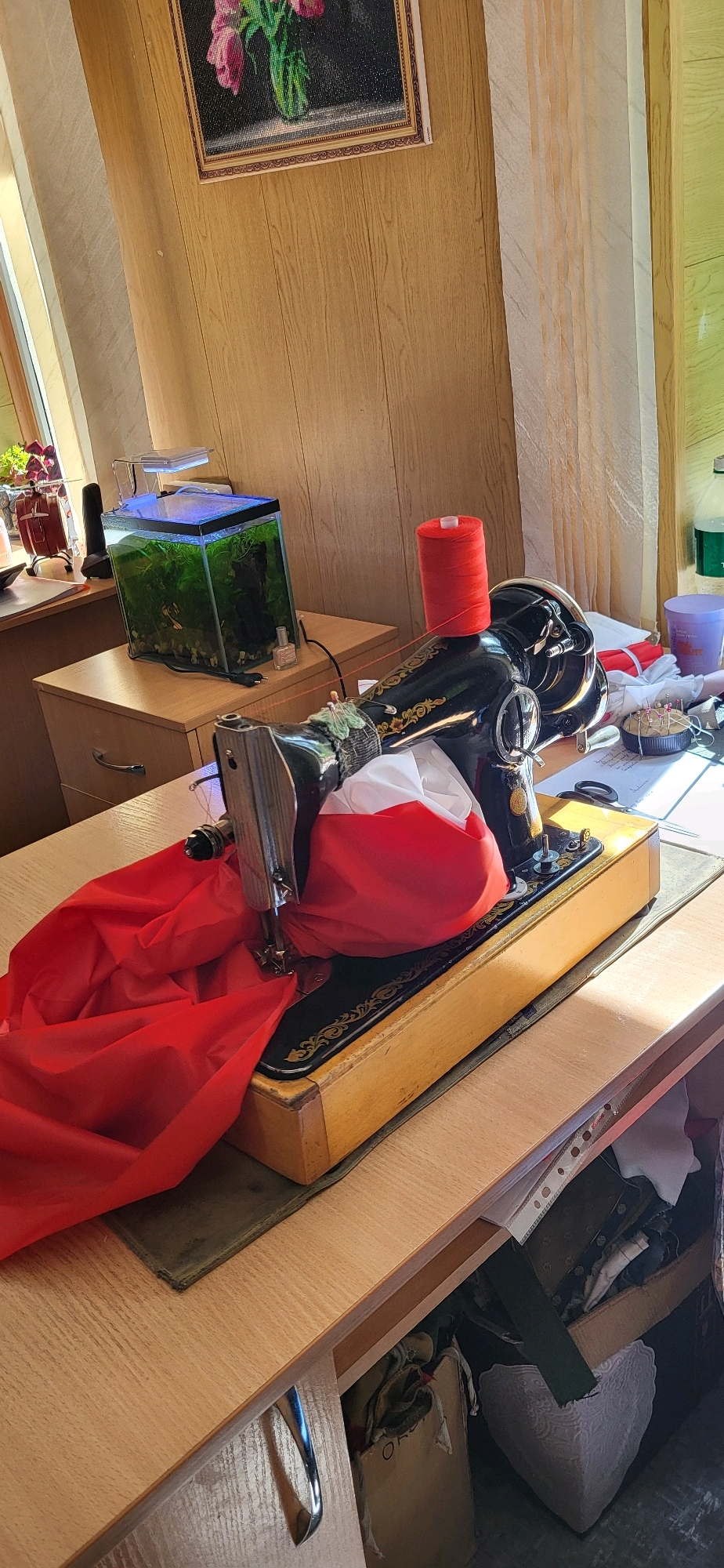 The image depicts an indoor scene, likely a sewing room or craft area, with a sewing machine as the central focus. A vintage black sewing machine with ornate gold detailing sits on a wooden table. A large spool of red thread is perched on top of the machine. A significant amount of red fabric is draped over and around the sewing machine, partially obscuring it. To the left of the sewing machine, on a wooden cabinet, is a small aquarium filled with green aquatic plants and possibly fish. Above the aquarium, on the wall, hangs a framed picture of pink flowers in a vase. The walls are covered in wood-paneled material. The overall impression is one of a domestic workspace. There is no indication of the city of Oskemen, Kazakhstan, nor any specific forensic or city-related details in the visual information provided.