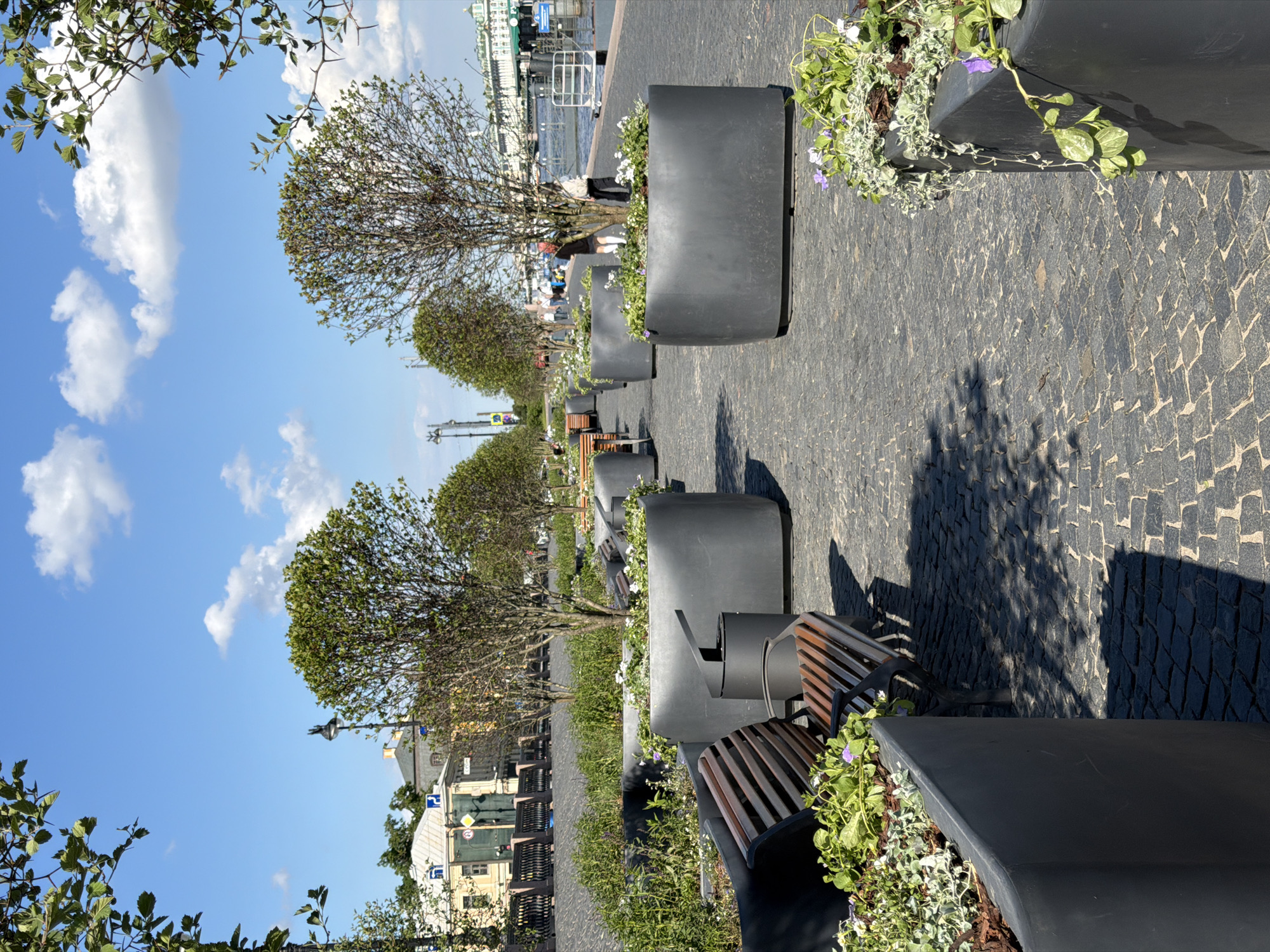 The image captures a sunny urban promenade or embankment, likely in Saint Petersburg, Russia. A wide, dark grey cobblestone path, featuring an intricate interlocking pattern, extends into the distance, guiding the viewer's eye.
Along the right side of the path, a series of modern, dark grey planters are neatly arranged. These planters are filled with vibrant green foliage, accented by small white and purple flowers. Integrated into or placed beside some of these planters are contemporary wooden-slatted benches with dark metal frames, offering resting spots.
Behind the planters, a row of small, deciduous trees with sparse leaves line the path, casting long, sharp shadows across the cobblestones, indicating bright daylight. In the mid-ground, a few indistinct figures can be seen walking or sitting on benches further along the promenade.
The background reveals a body of water, likely a river or canal, with a white boat or ship docked at the edge. Across the water, classic light-colored buildings with distinctive green elements, characteristic of Saint Petersburg architecture, are visible under a clear blue sky dotted with scattered white cumulus clouds. Green leaves and branches from nearby trees or bushes frame the top and bottom edges of the scene.
The atmosphere is bright and inviting, suggesting a pleasant day for outdoor leisure in a well-maintained public space. There is no visible text in the image.