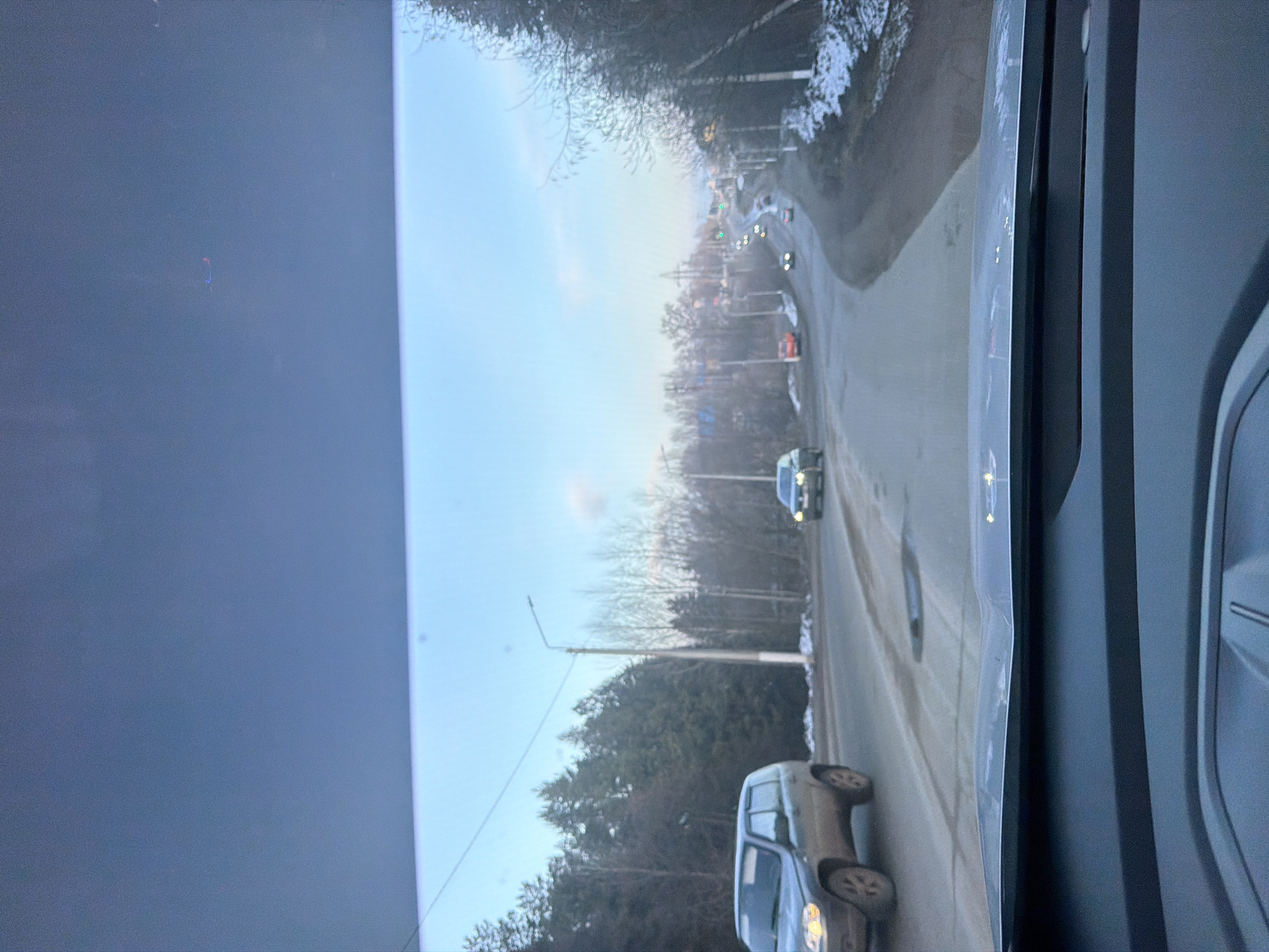 A photograph taken from inside a vehicle shows a road in Chaikovsky, Russia. The road is paved and has several cars on it, some approaching and some parked on the side. The environment is overcast, with trees lining the road and some snow visible on the verges. A utility pole stands beside the road. The interior of the vehicle is visible on the left and right edges of the frame.