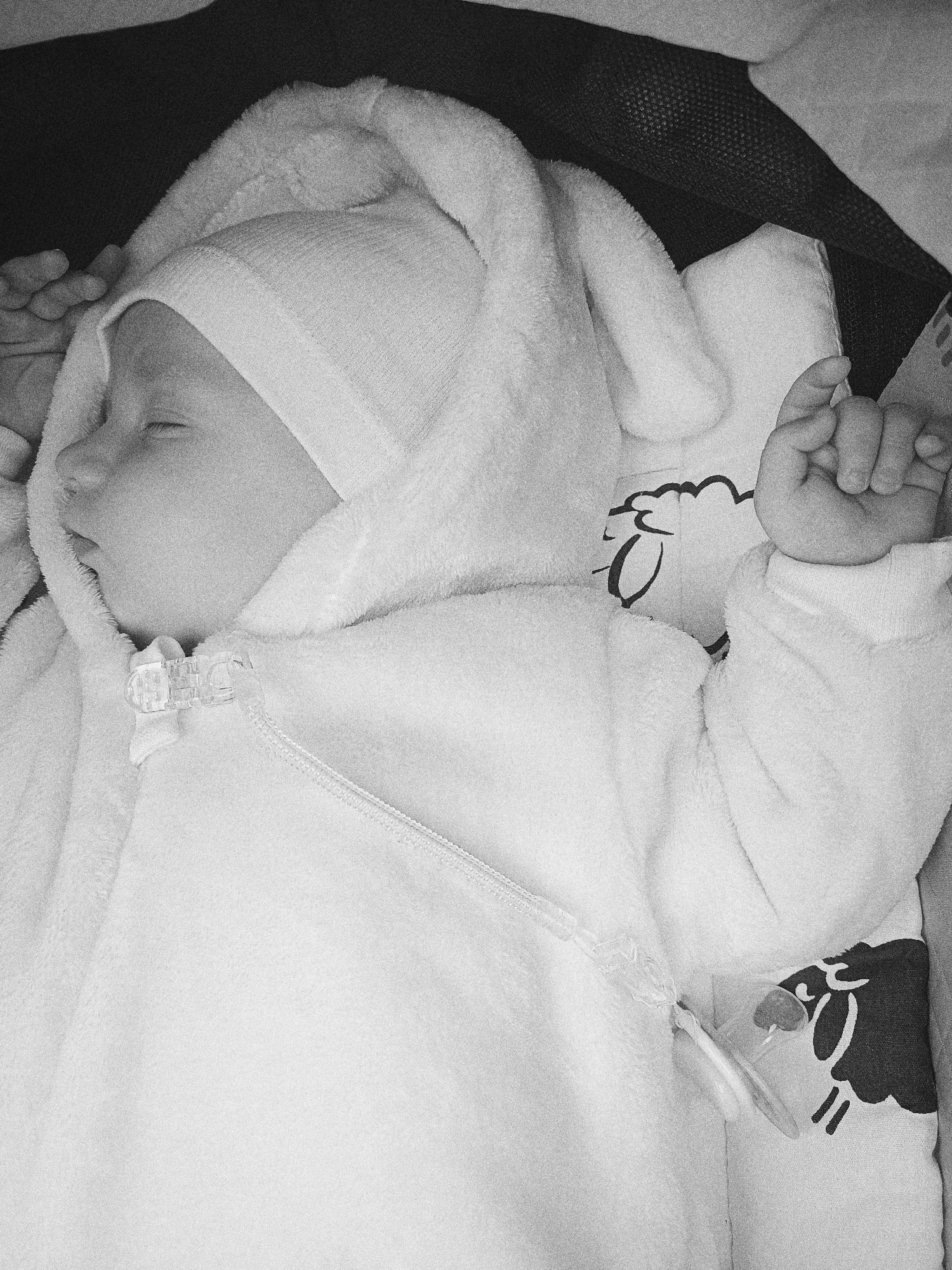 A grayscale, high-angle shot reveals a sleeping baby in what appears to be a stroller or bassinet. The baby is wearing a hooded outfit resembling a bunny costume, complete with floppy ears on the hood. The baby's face is turned to the side, eyes closed. One hand is slightly raised.
A pacifier is attached to the baby's outfit. The blanket or bedding has a pattern of stylized sheep on it. The background consists of dark material, possibly the stroller's canopy or interior.
No specific information about the location in the city of Tobolsk, Russia is available from the image.