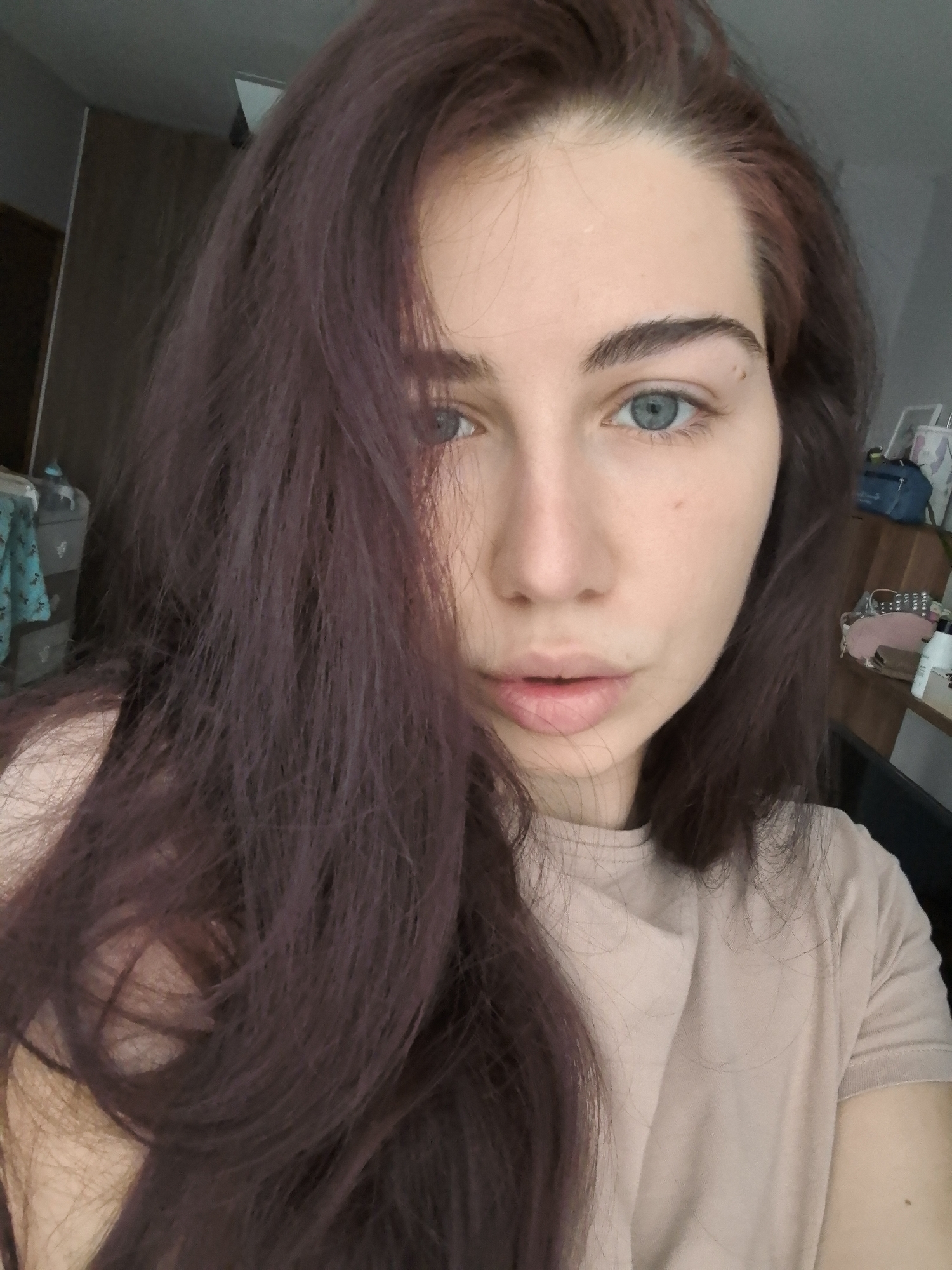 A young woman with light blue eyes and plum-colored hair, casually styled to one side, is facing the camera directly. She is wearing a plain, light beige t-shirt. Her skin tone is fair. The background shows a partially visible room with furniture, including a dresser and miscellaneous items. The location is indeterminate without additional information. The scene is a close-up self-portrait. The city of Stara Zagora, Bulgaria cannot be confirmed from the image.