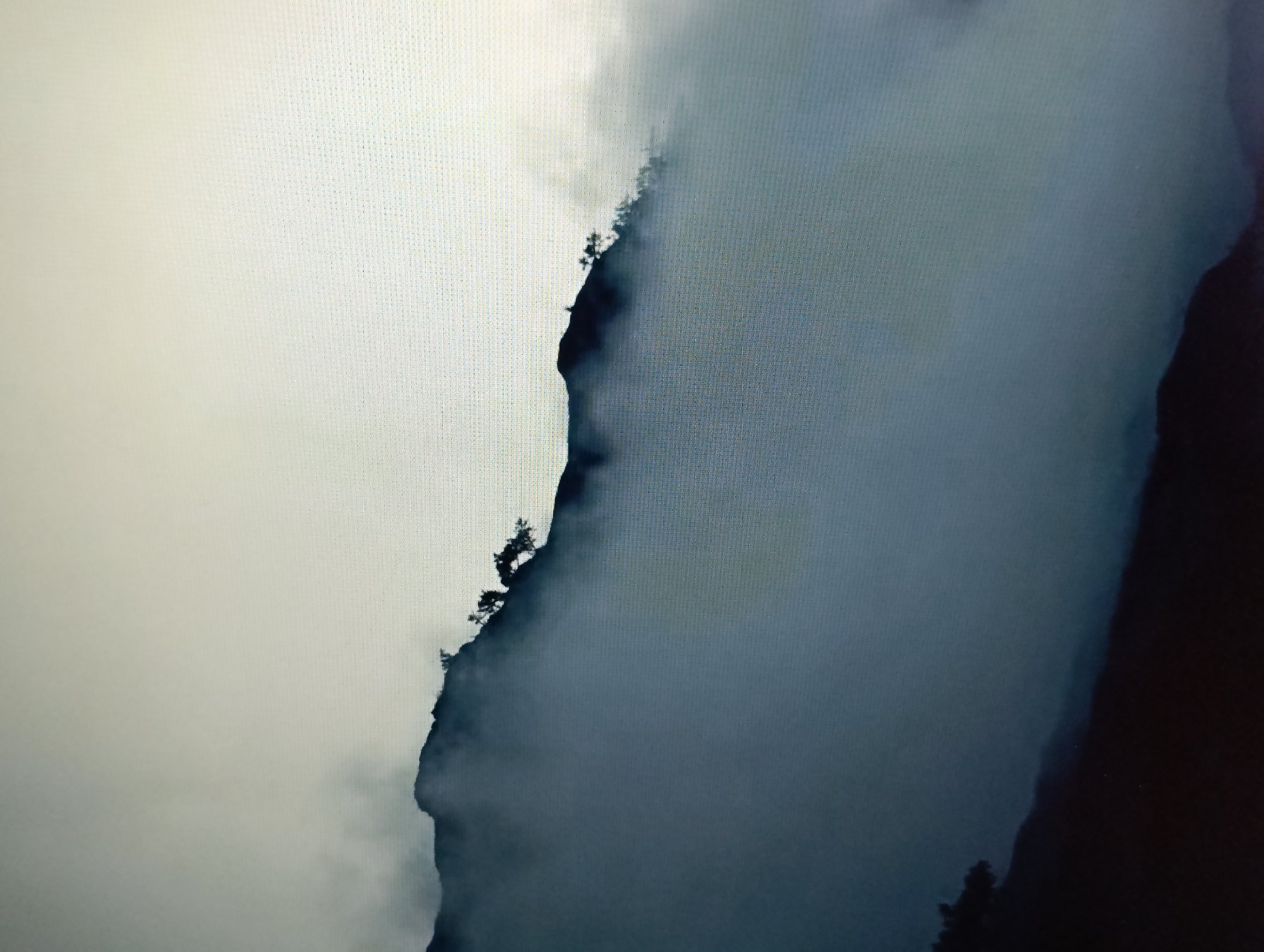 The image depicts a dramatic cliff face shrouded in dense fog, with a sliver of light illuminating the left side. The fog creates an ethereal, almost abstract scene, obscuring the full extent of the landscape. The cliff edge is sharp and silhouetted against the brighter fog, with sparse, windswept trees clinging precariously to its upper rim. The overall color palette is muted, dominated by shades of gray, white, and deep blue, creating a moody and atmospheric effect. The specific location in Dubăsari town council, Moldova is not discernible from the image itself.