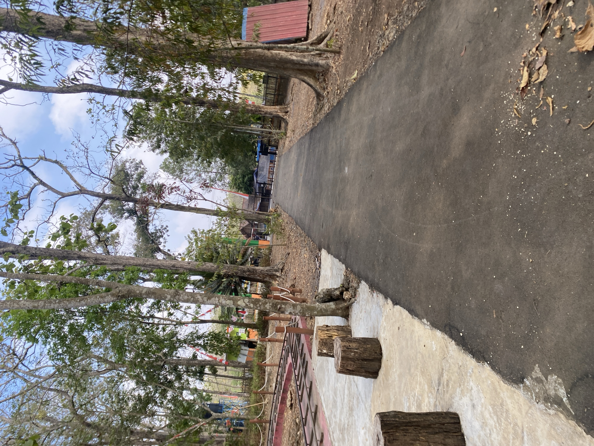 The image depicts an outdoor scene in Ketileng, Indonesia. In the foreground, a paved pathway made of dark asphalt runs from the bottom center of the frame towards the background, curving slightly to the left. To the left of the pathway is a concrete surface with several tree stumps serving as seating. Beyond the concrete, there is a track-like structure made of metal rails and wooden supports, with red and pink paving stones. The pathway and the area to its left are bordered by a rope fence with wooden posts.
The environment is characterized by numerous trees with green foliage and bare branches, suggesting a tropical climate. The sky is visible above the trees, with some clouds. In the background, there are several buildings with colorful facades, some appearing to be small structures with awnings or roofs. There is also a metal fence and some debris on the ground. The overall impression is of an outdoor recreational area or park. There are no visible people in the image, and no specific actions are taking place. The scene appears to be captured during daylight hours.